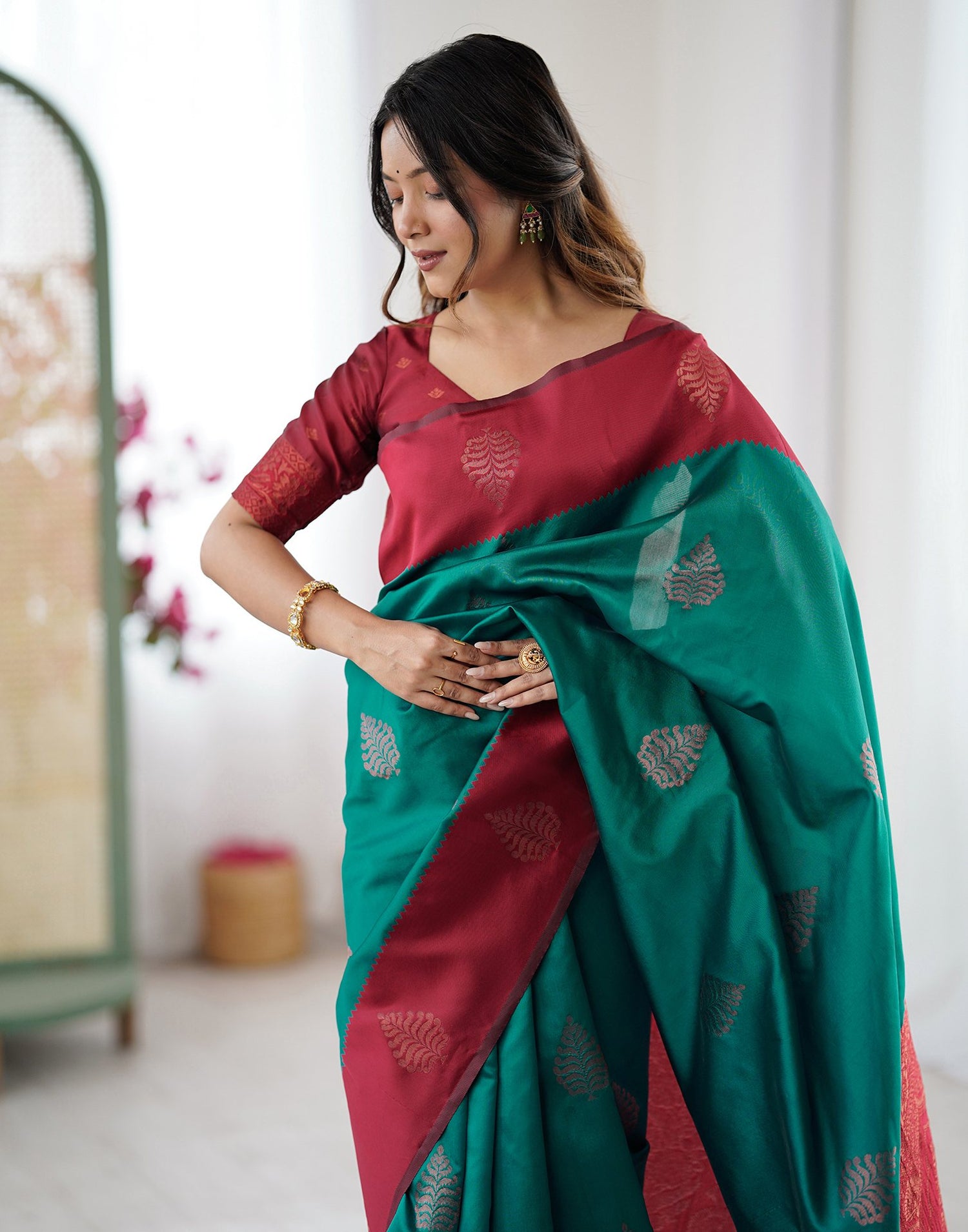 Teal Green Silk Woven Saree
