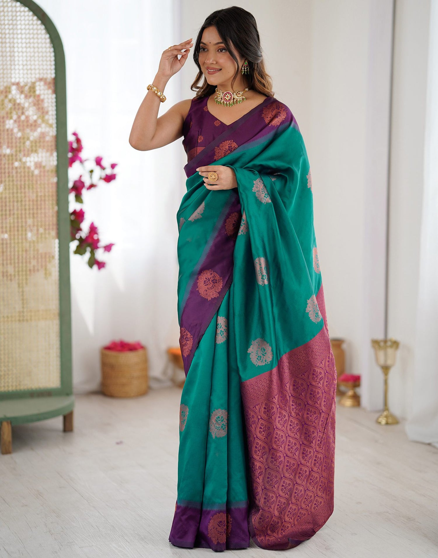 Teal Green Silk Woven Saree