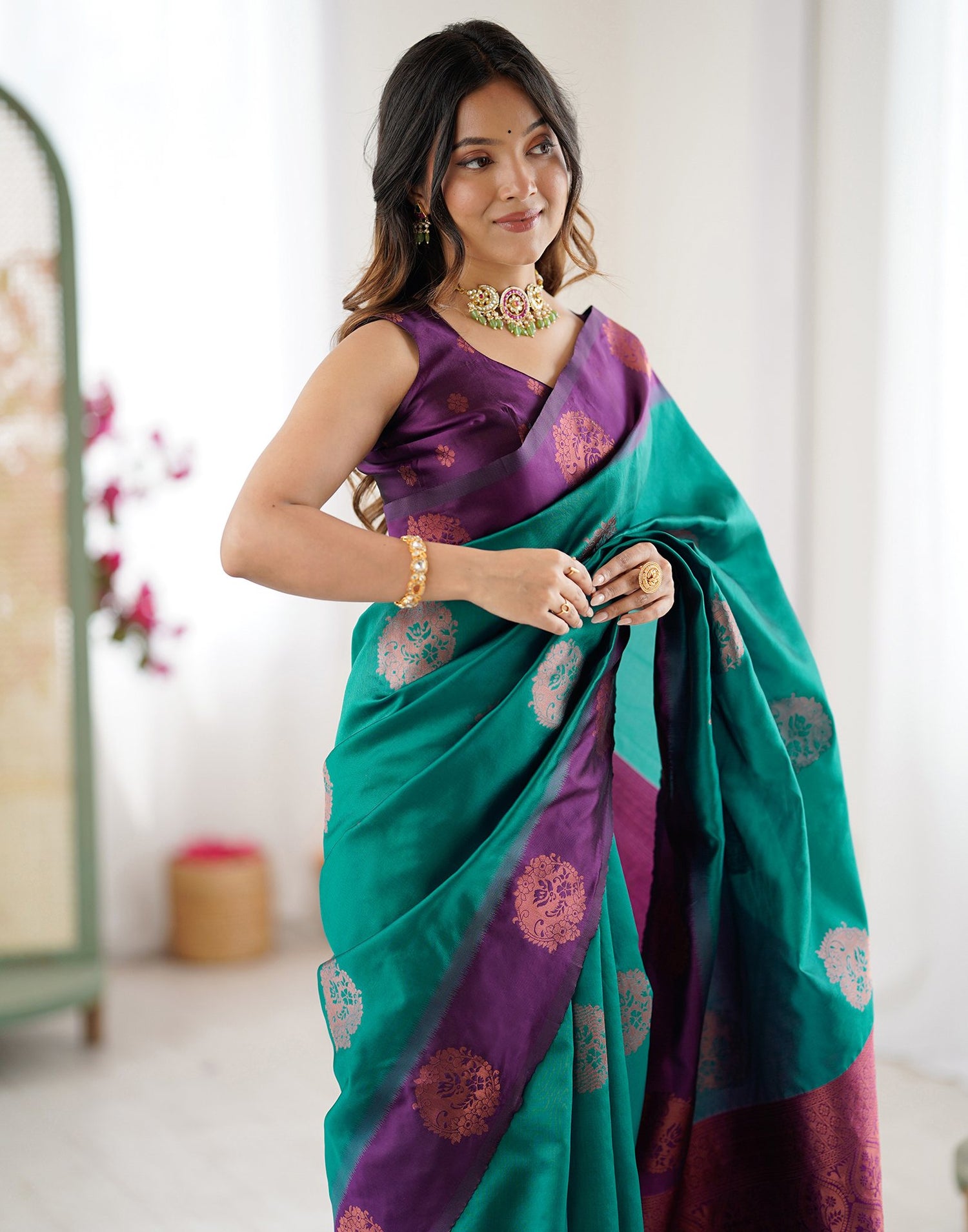 Teal Green Silk Woven Saree