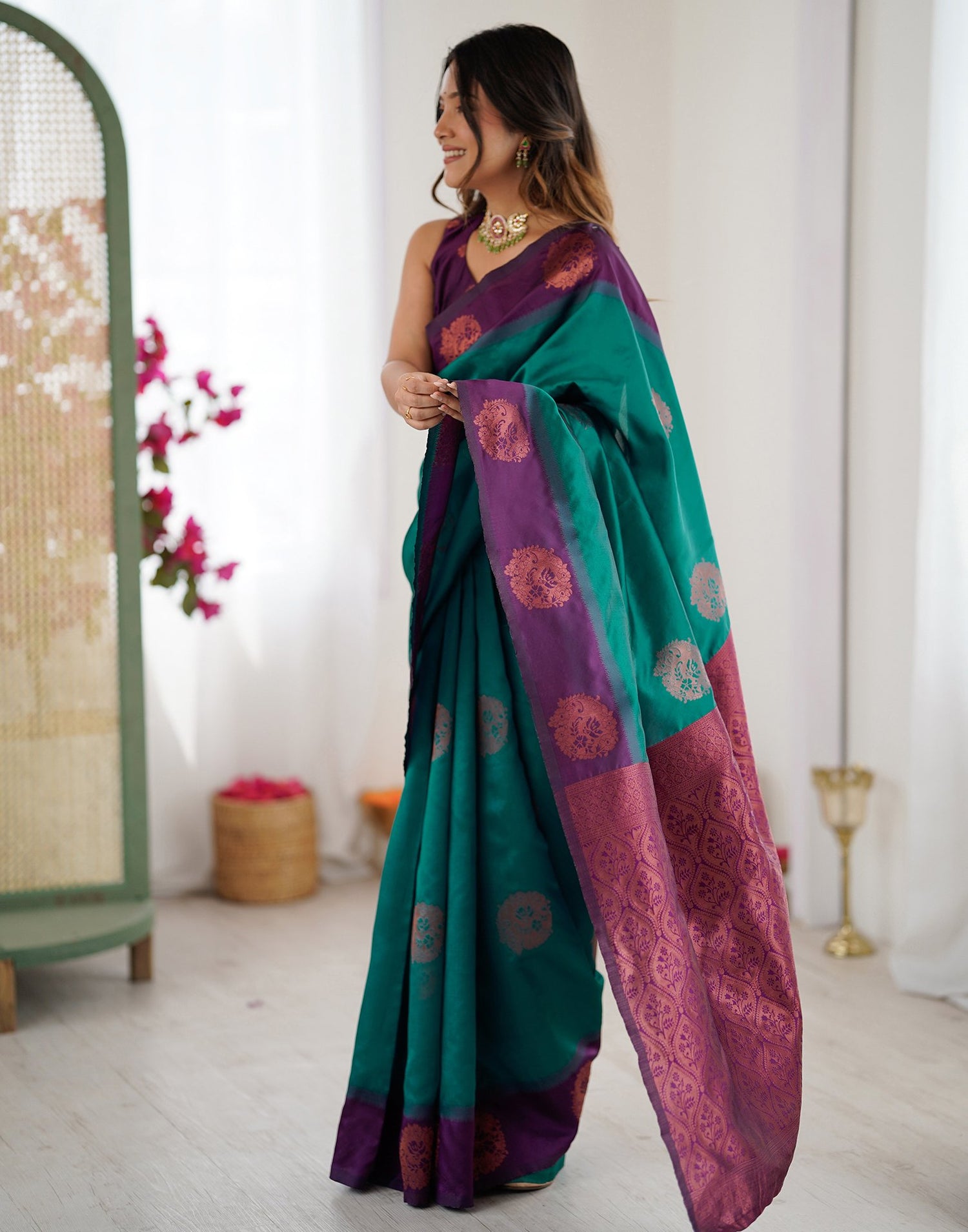 Teal Green Silk Woven Saree