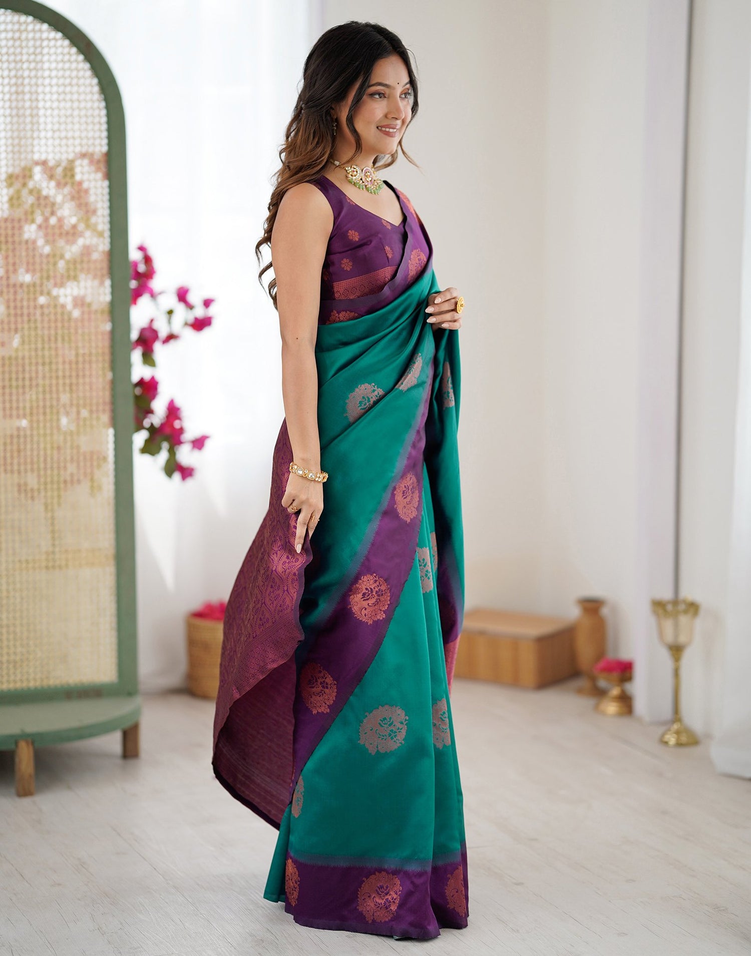 Teal Green Silk Woven Saree