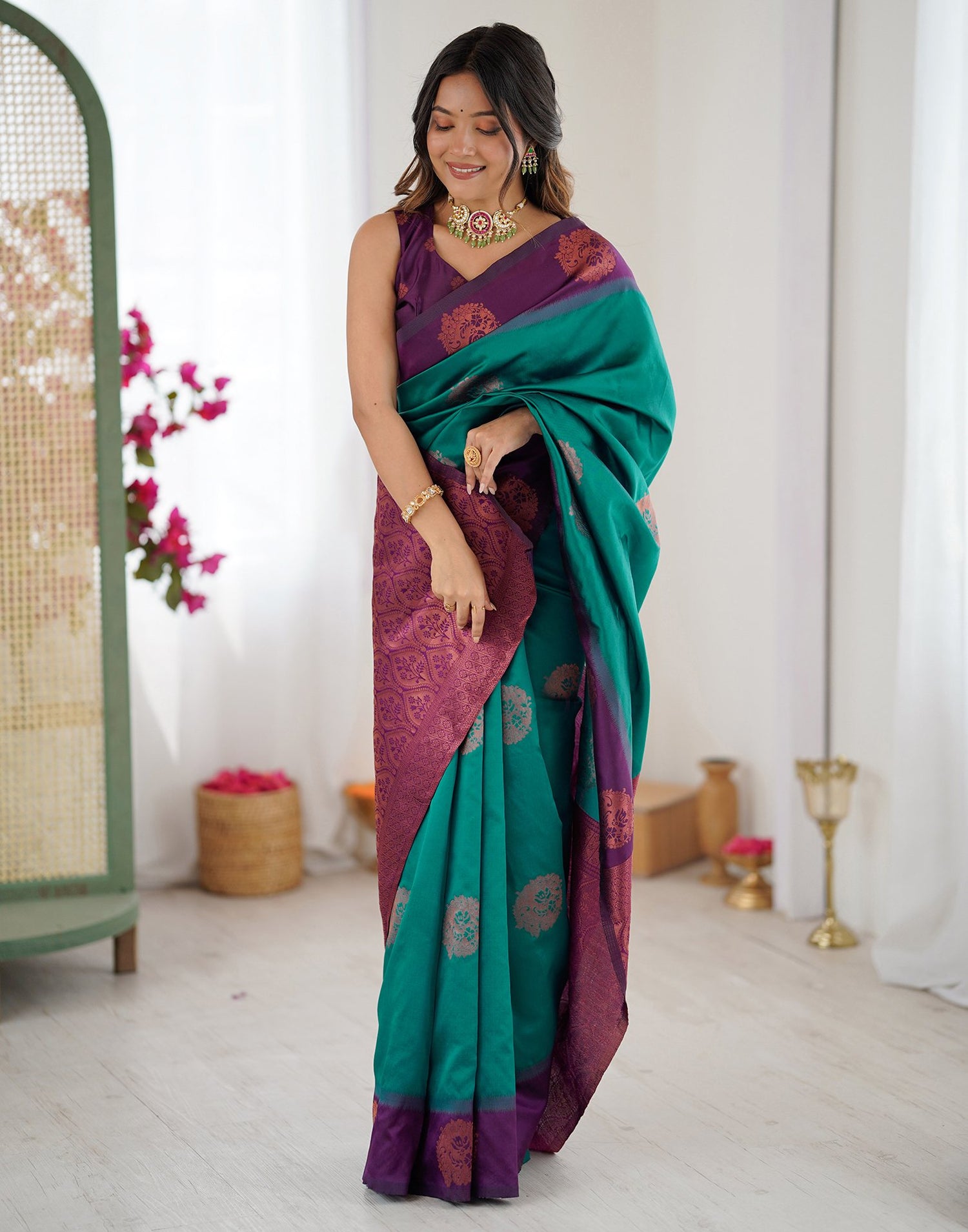 Teal Green Silk Woven Saree