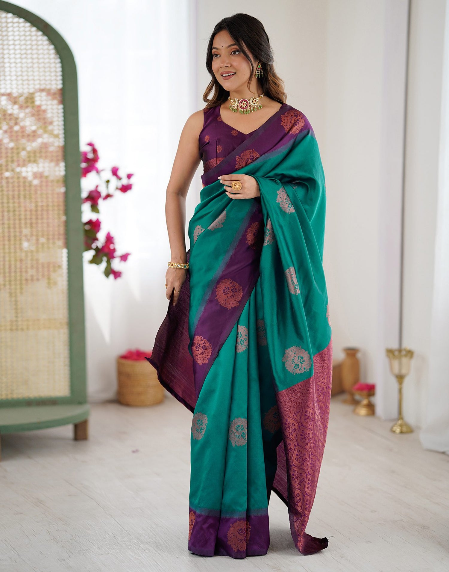 Teal Green Silk Woven Saree