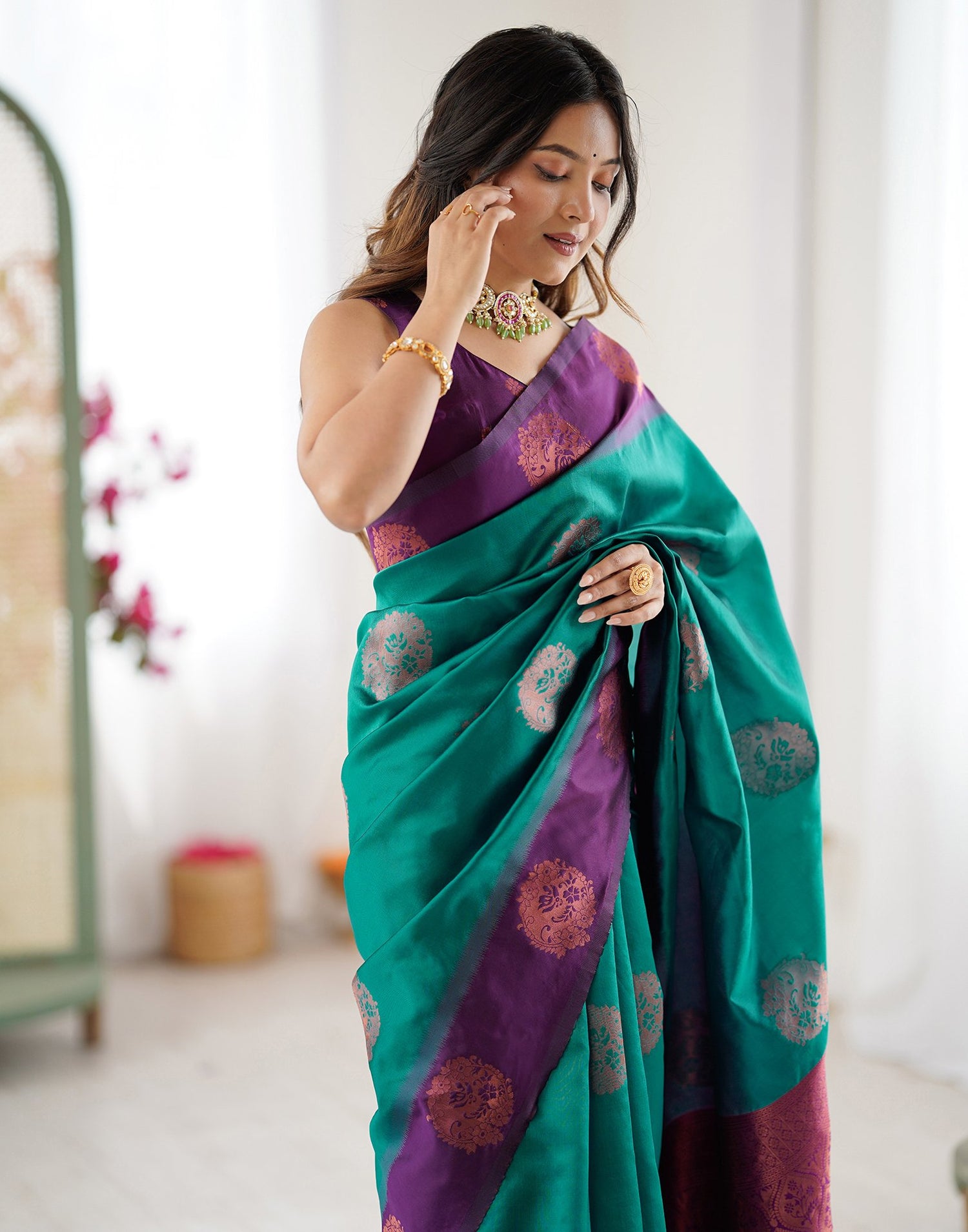 Teal Green Silk Woven Saree