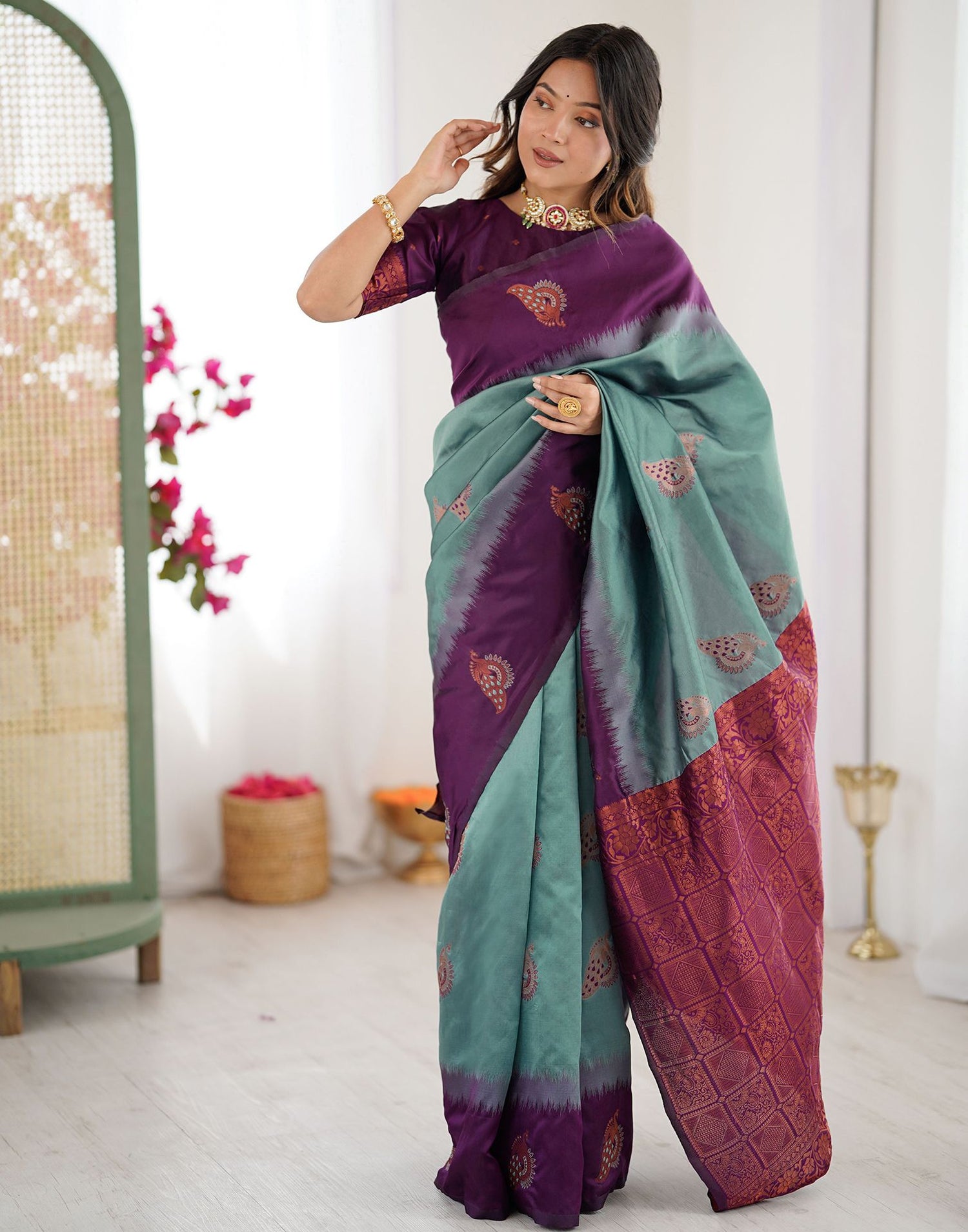 Ash Grey Silk Woven Saree
