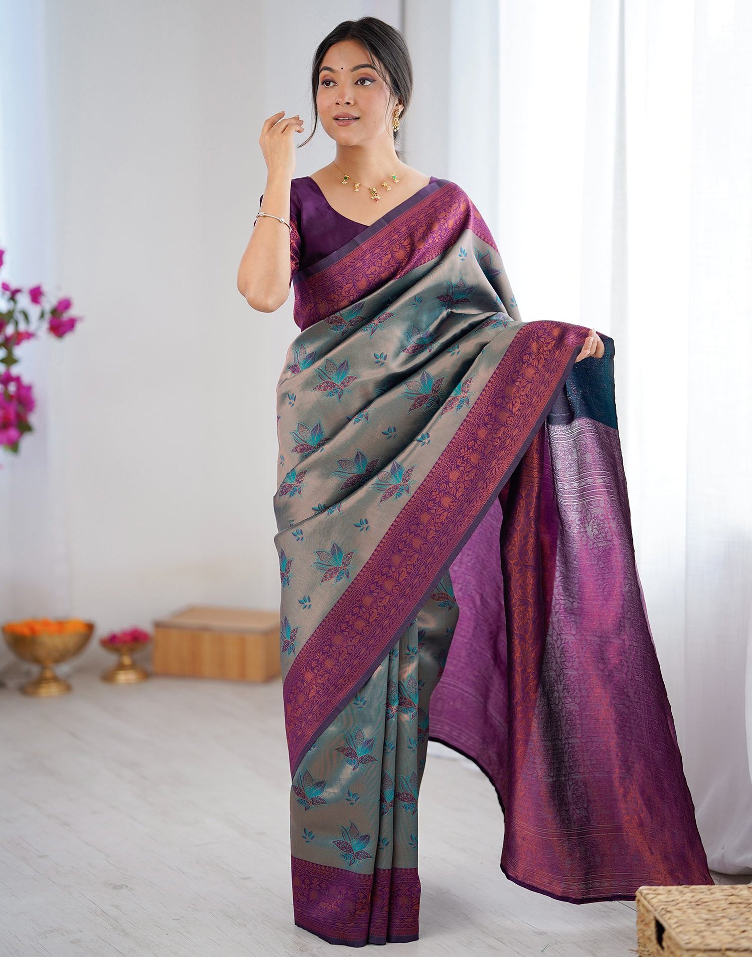 Teal Green Silk Woven Saree