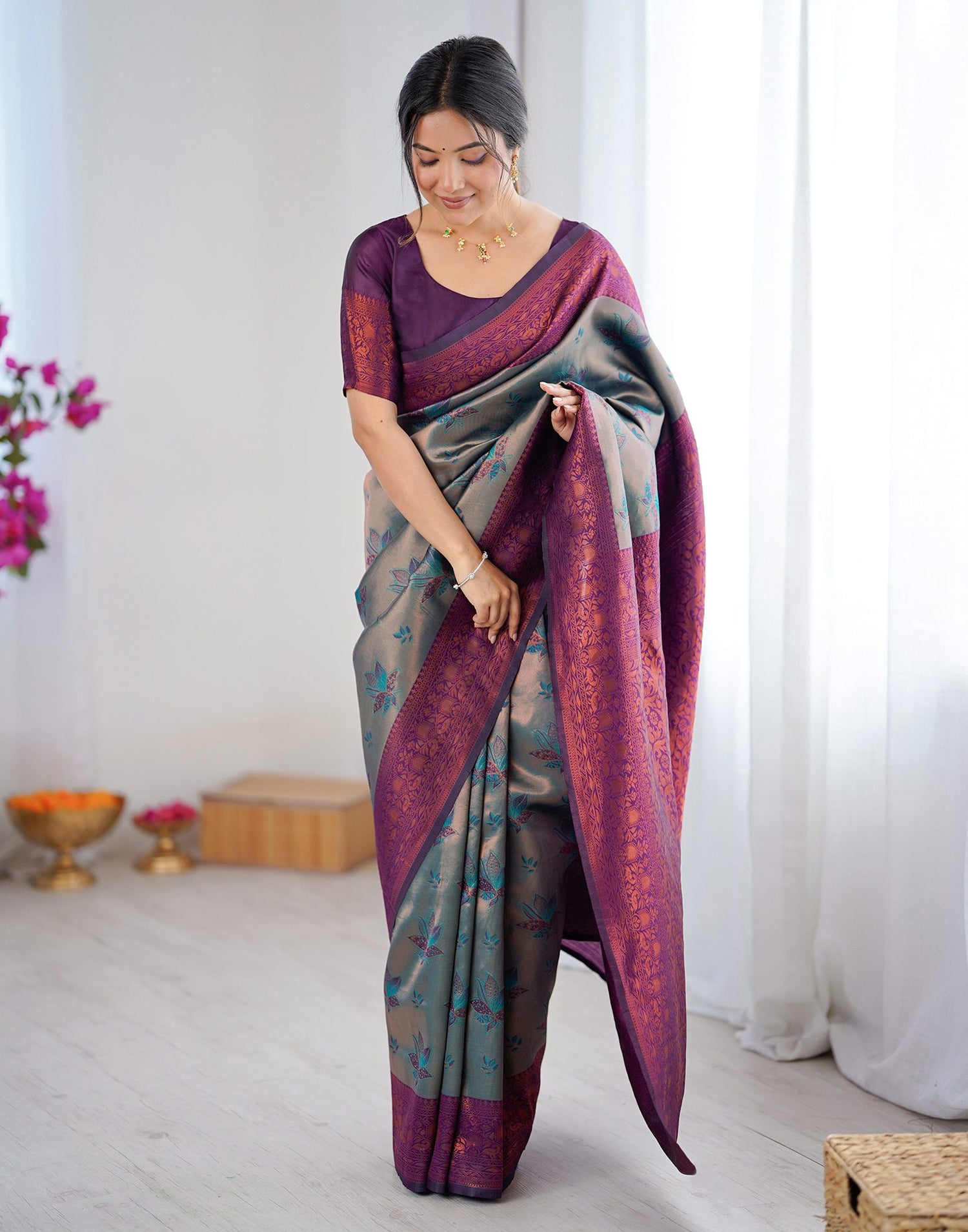 Teal Green Silk Woven Saree