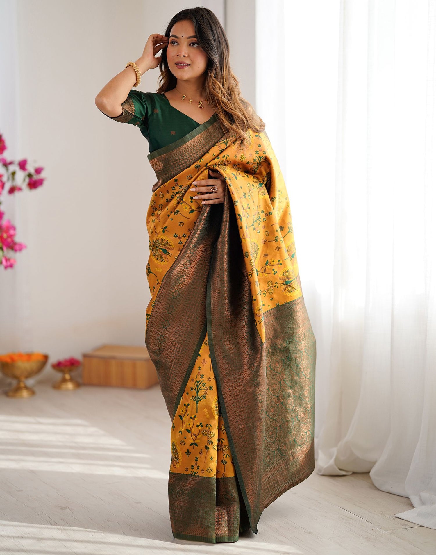 Yellow Silk Woven Saree