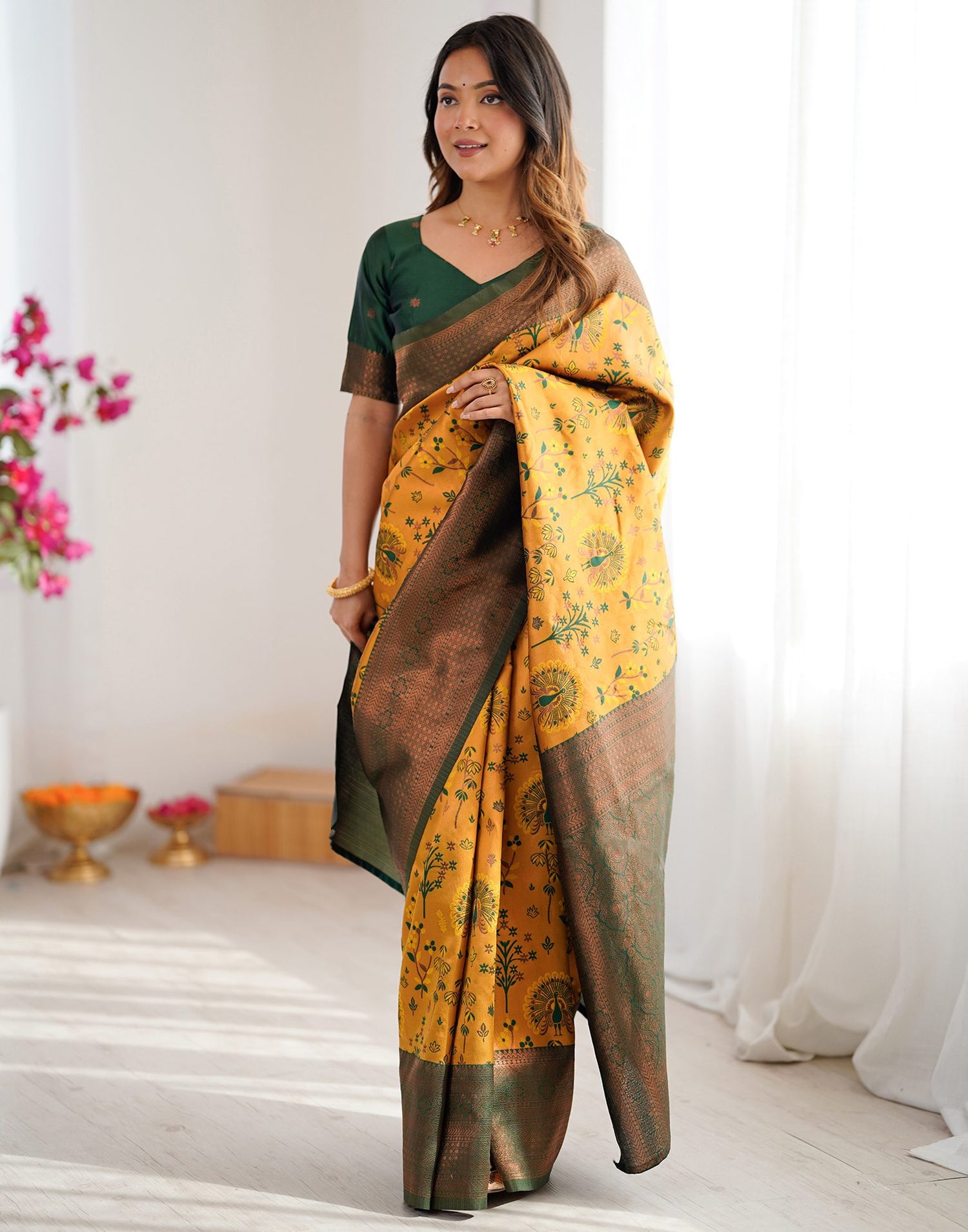 Yellow Silk Woven Saree
