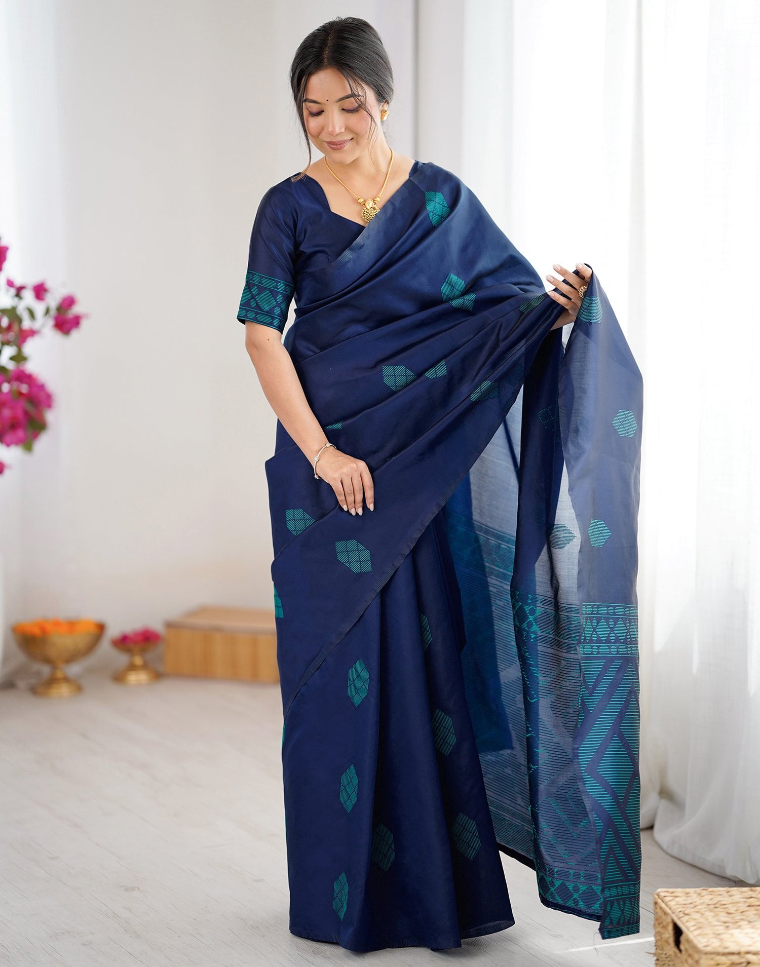 Navy Blue Silk Woven Saree