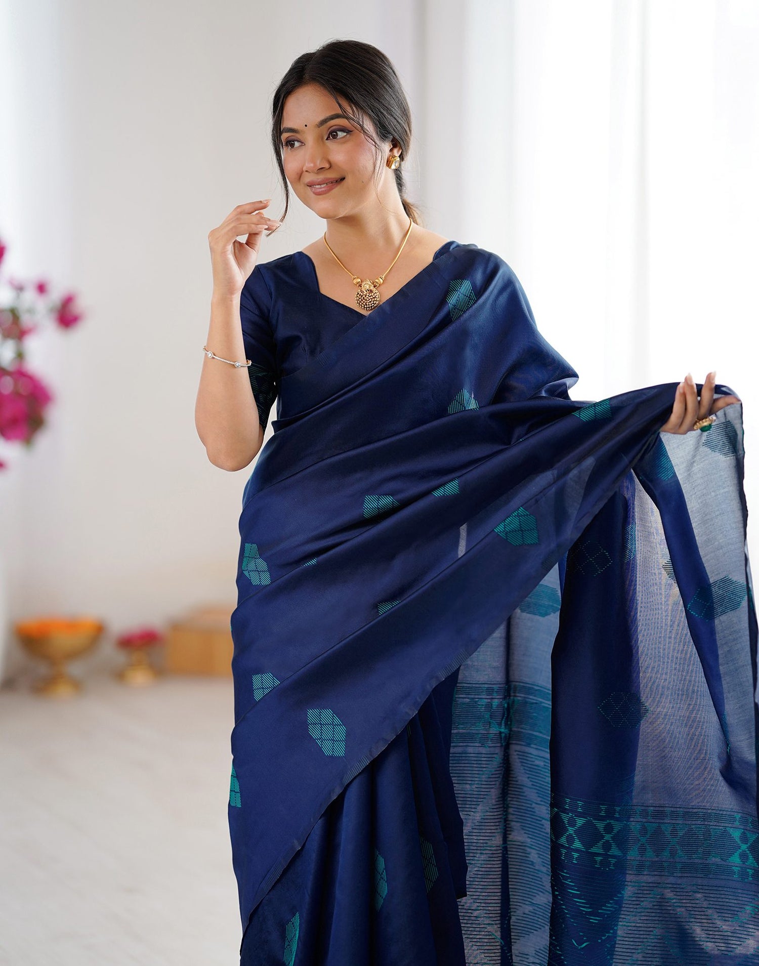 Navy Blue Silk Woven Saree