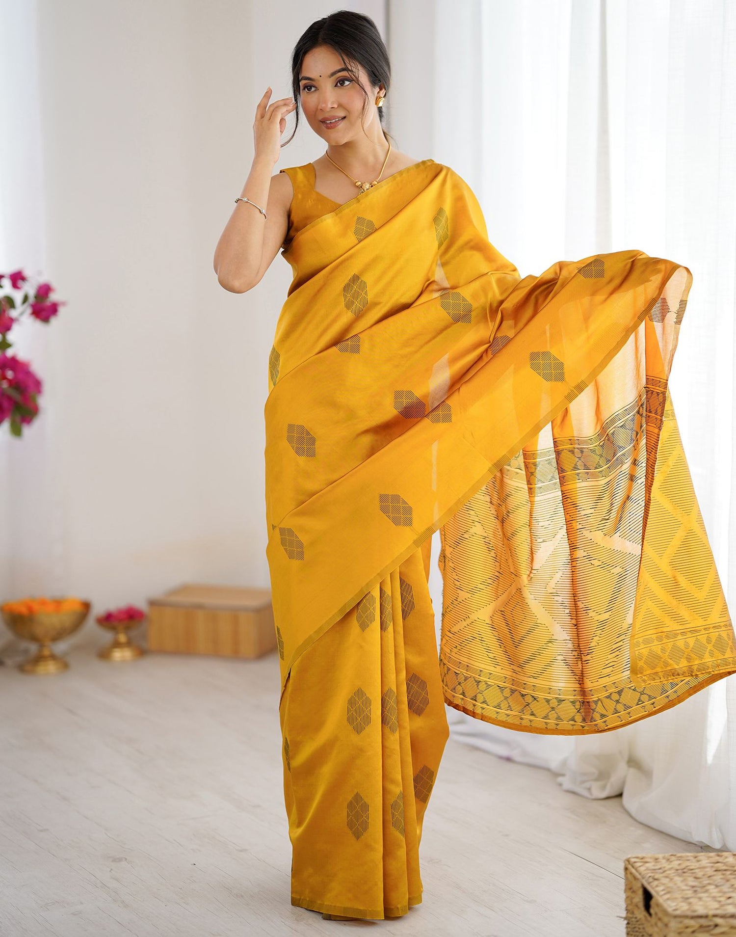 Yellow Silk Woven Saree