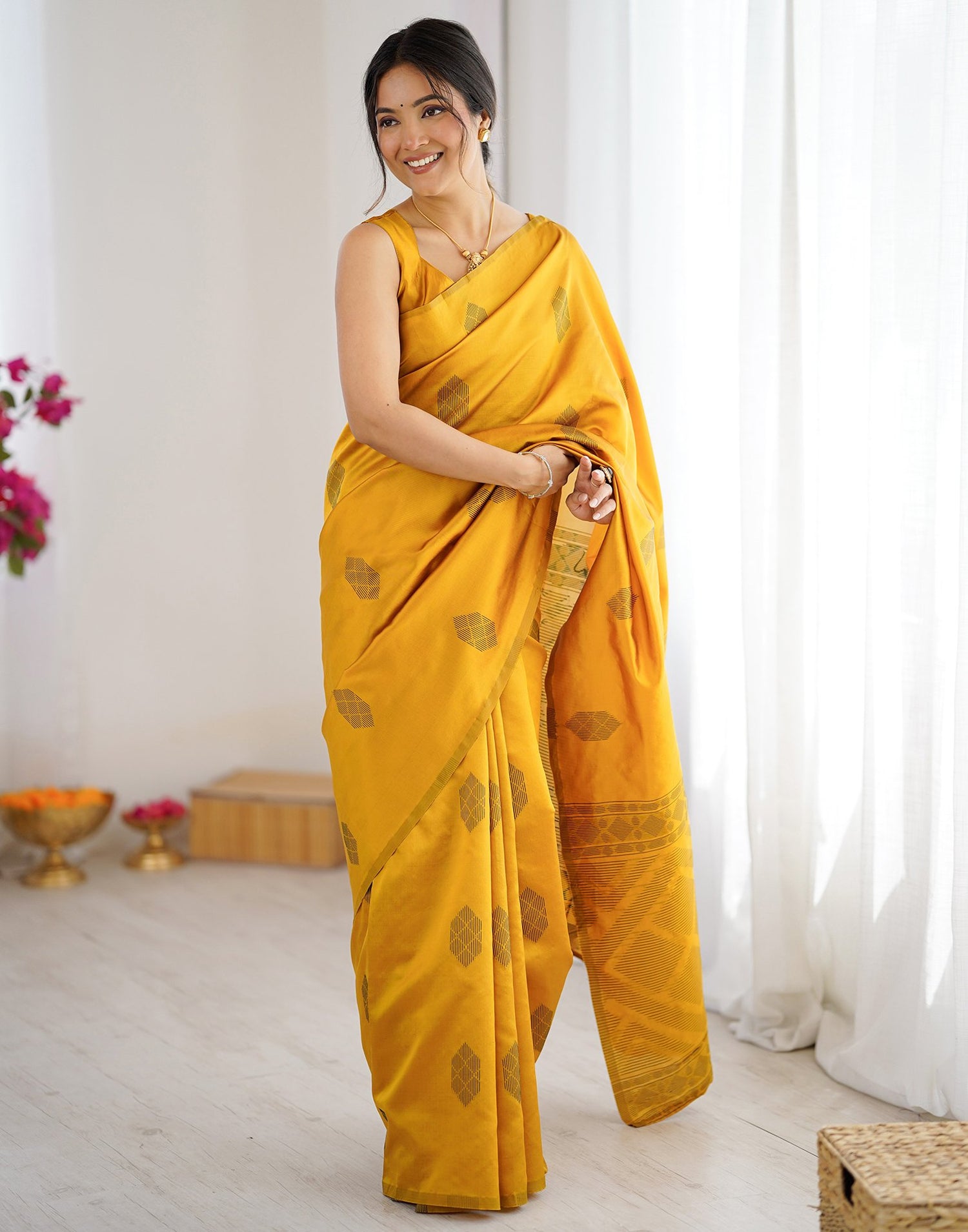 Yellow Silk Woven Saree
