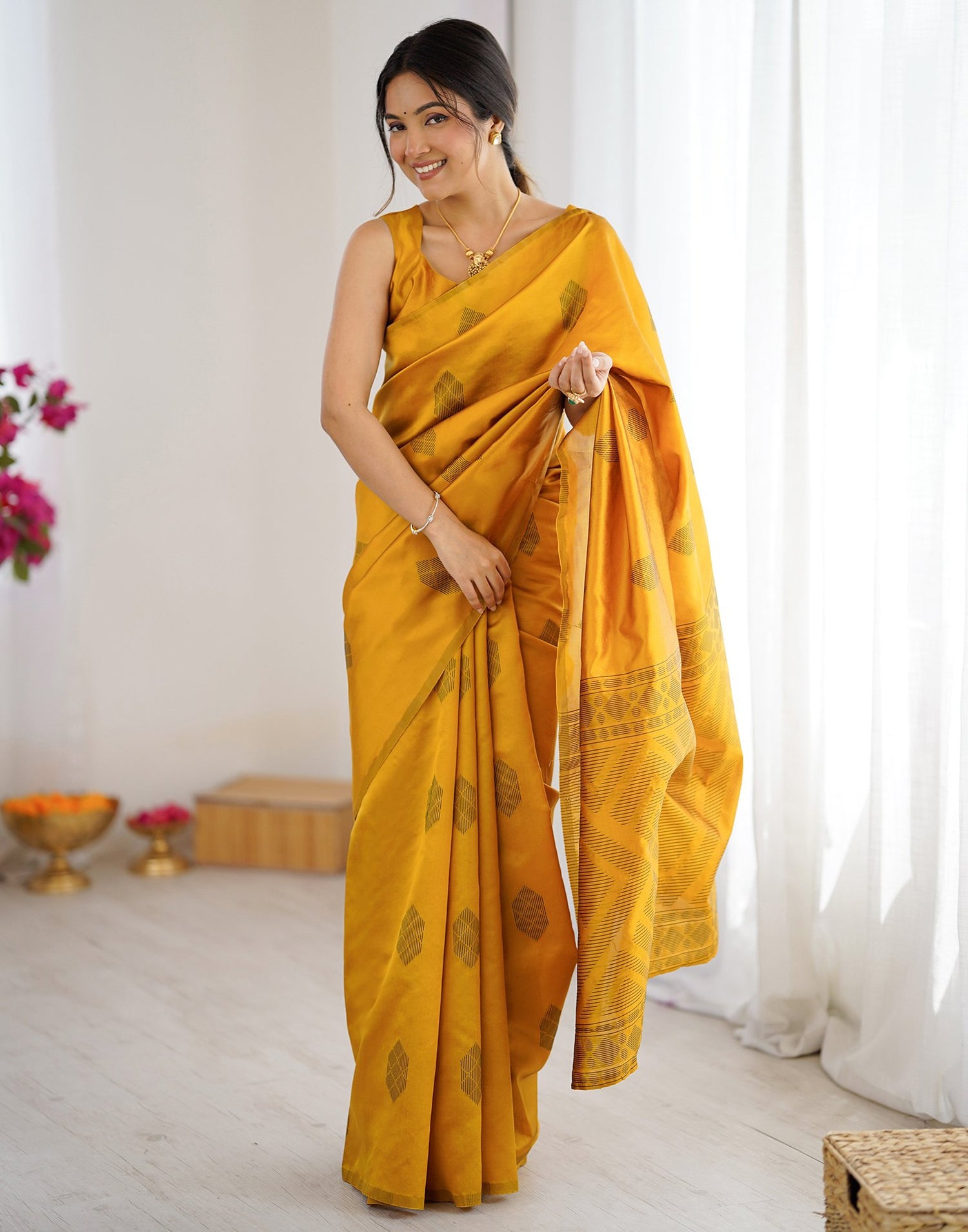 Yellow Silk Woven Saree