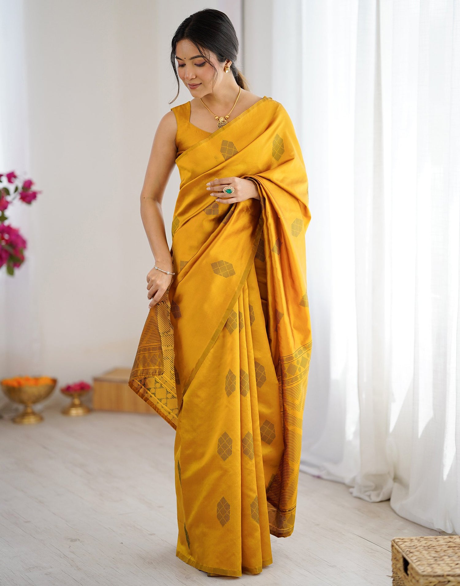 Yellow Silk Woven Saree