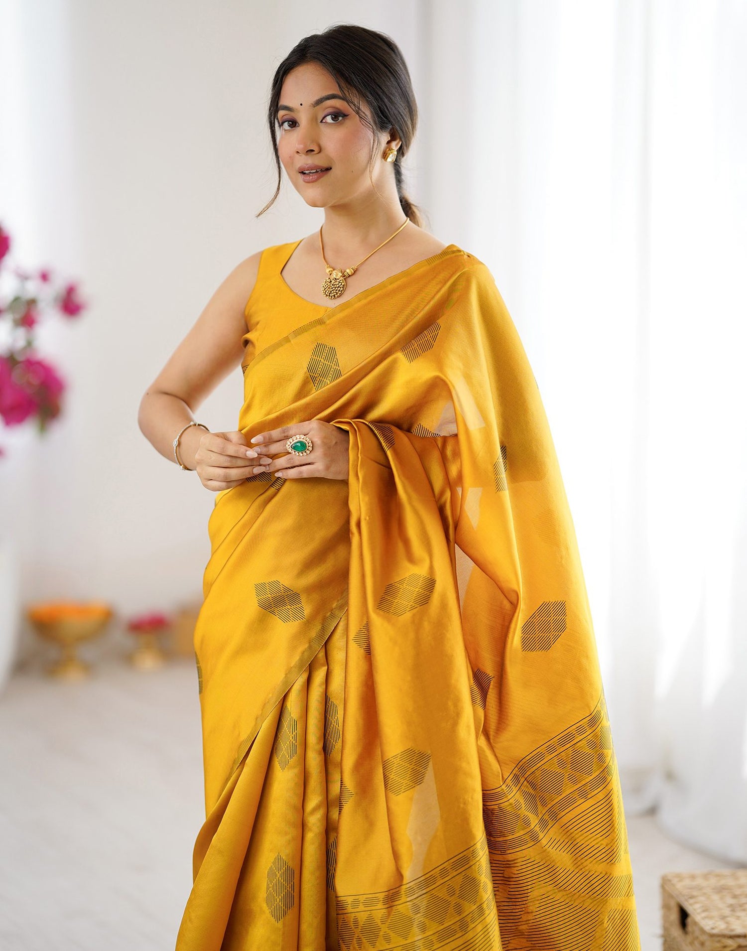 Yellow Silk Woven Saree