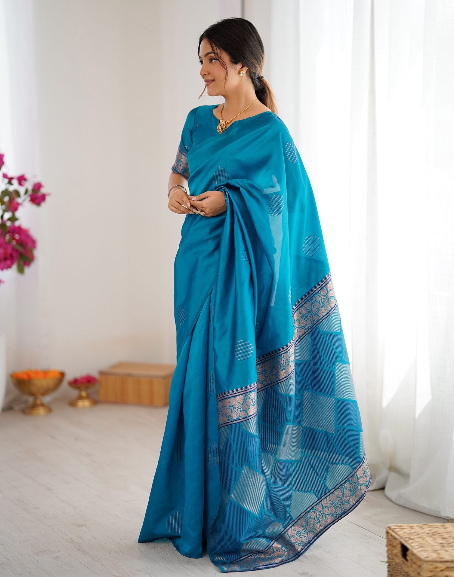 Teal Blue Silk Woven Saree