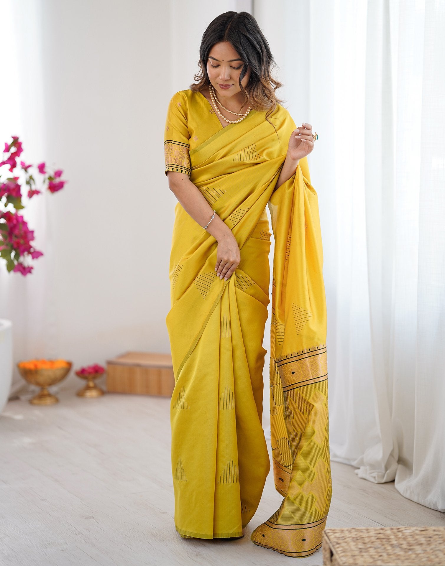Yellow Silk Woven Saree