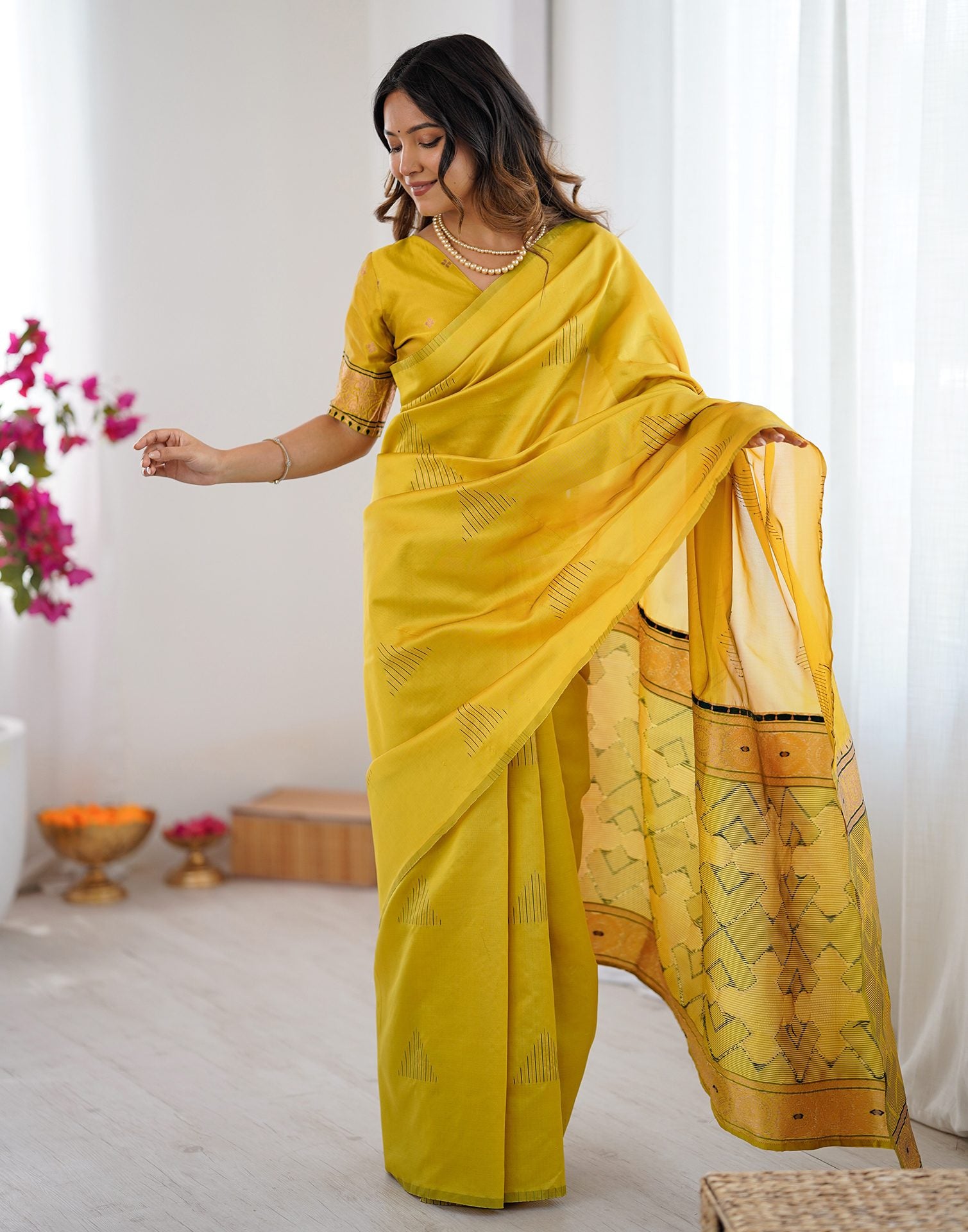 Yellow Silk Woven Saree