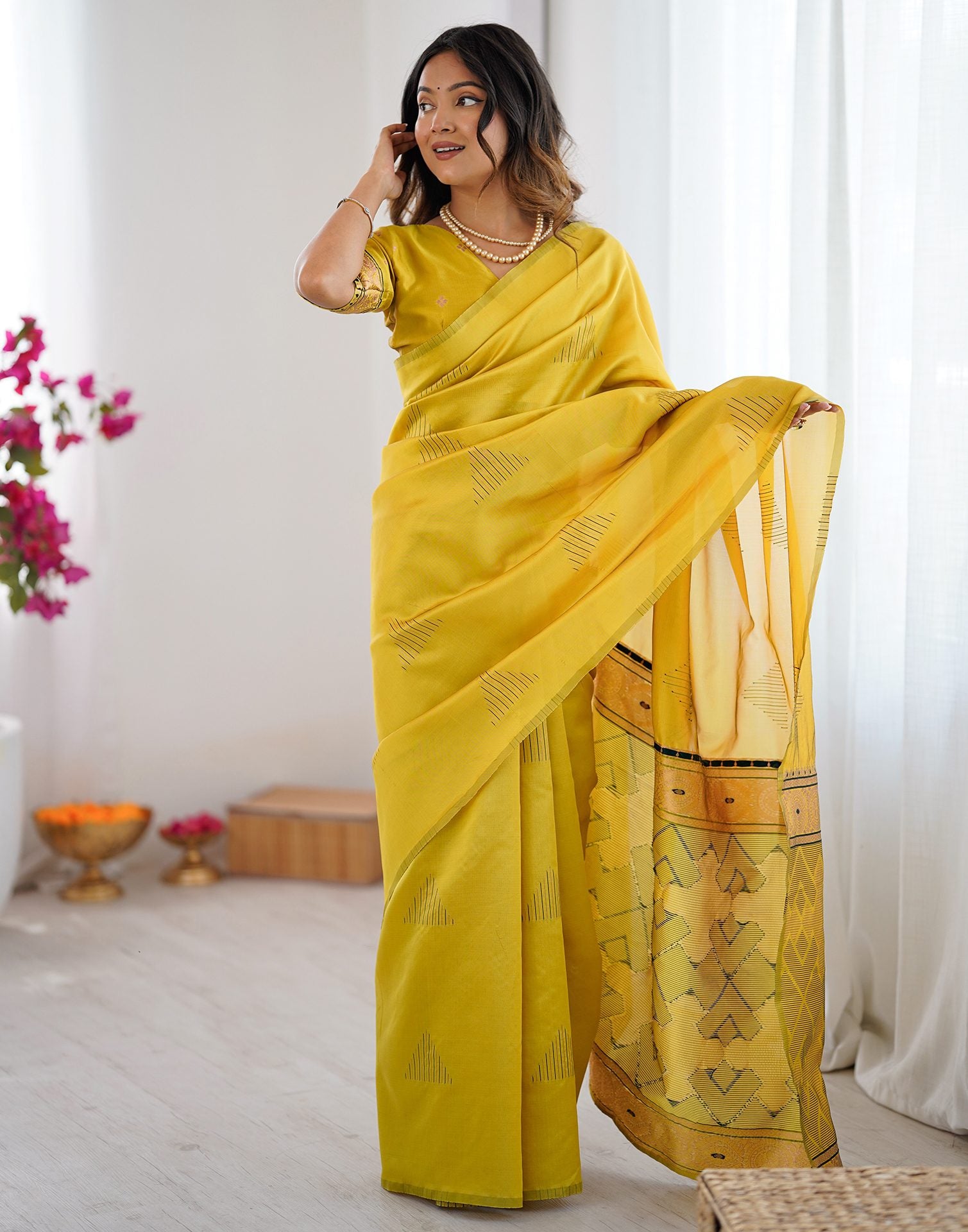 Yellow Silk Woven Saree