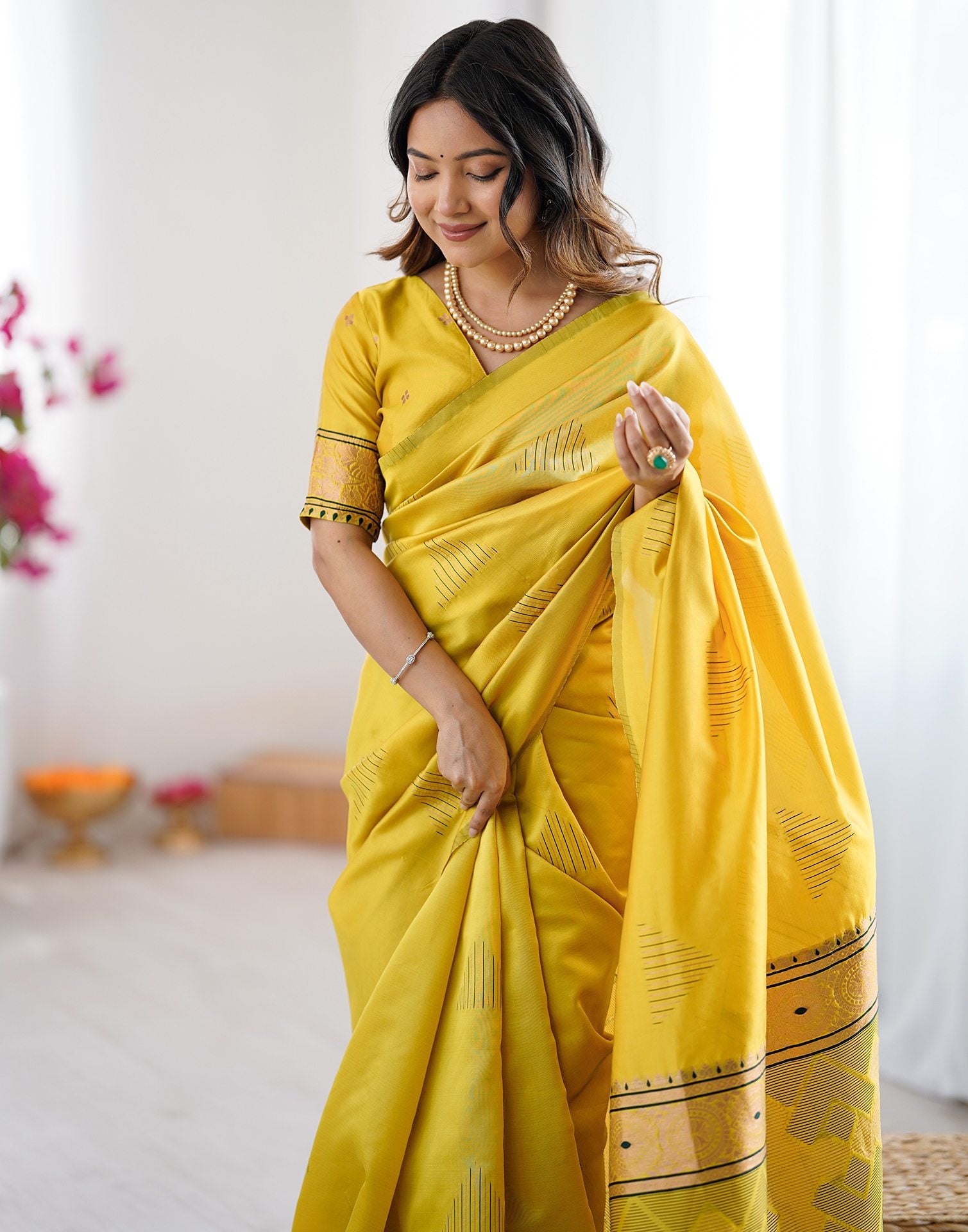 Yellow Silk Woven Saree