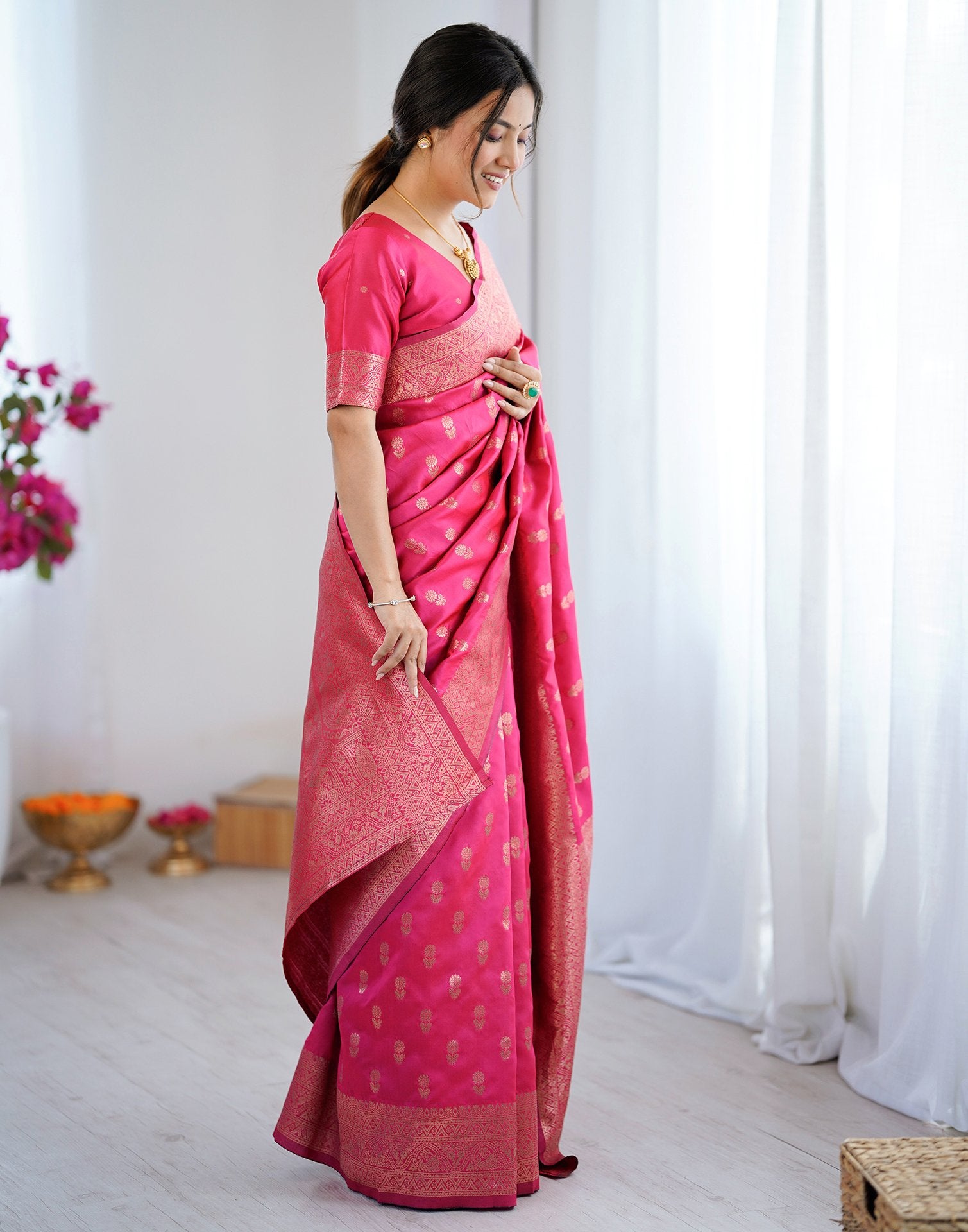 Coral Pink Silk Woven Banarasi Saree
