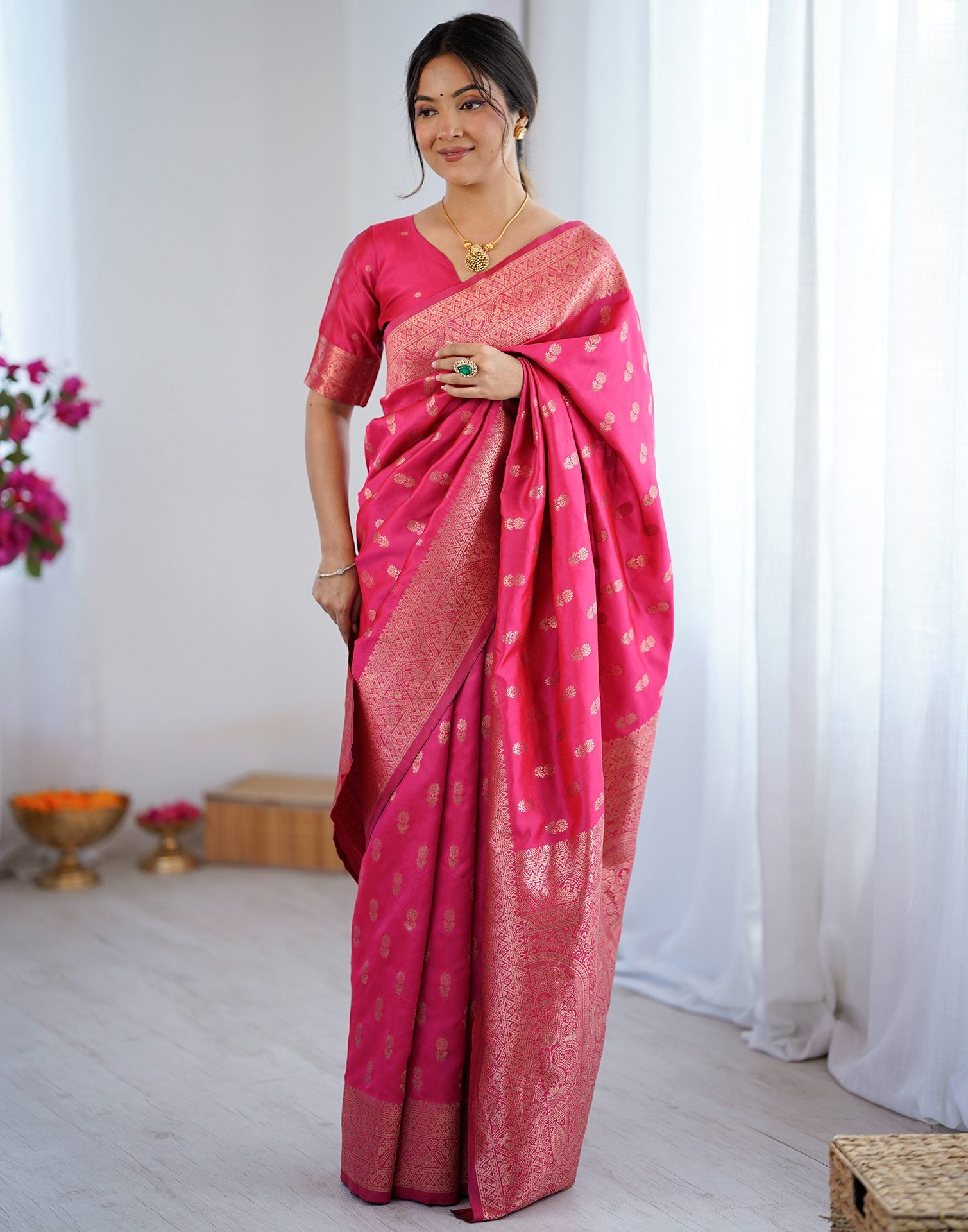 Coral Pink Silk Woven Banarasi Saree