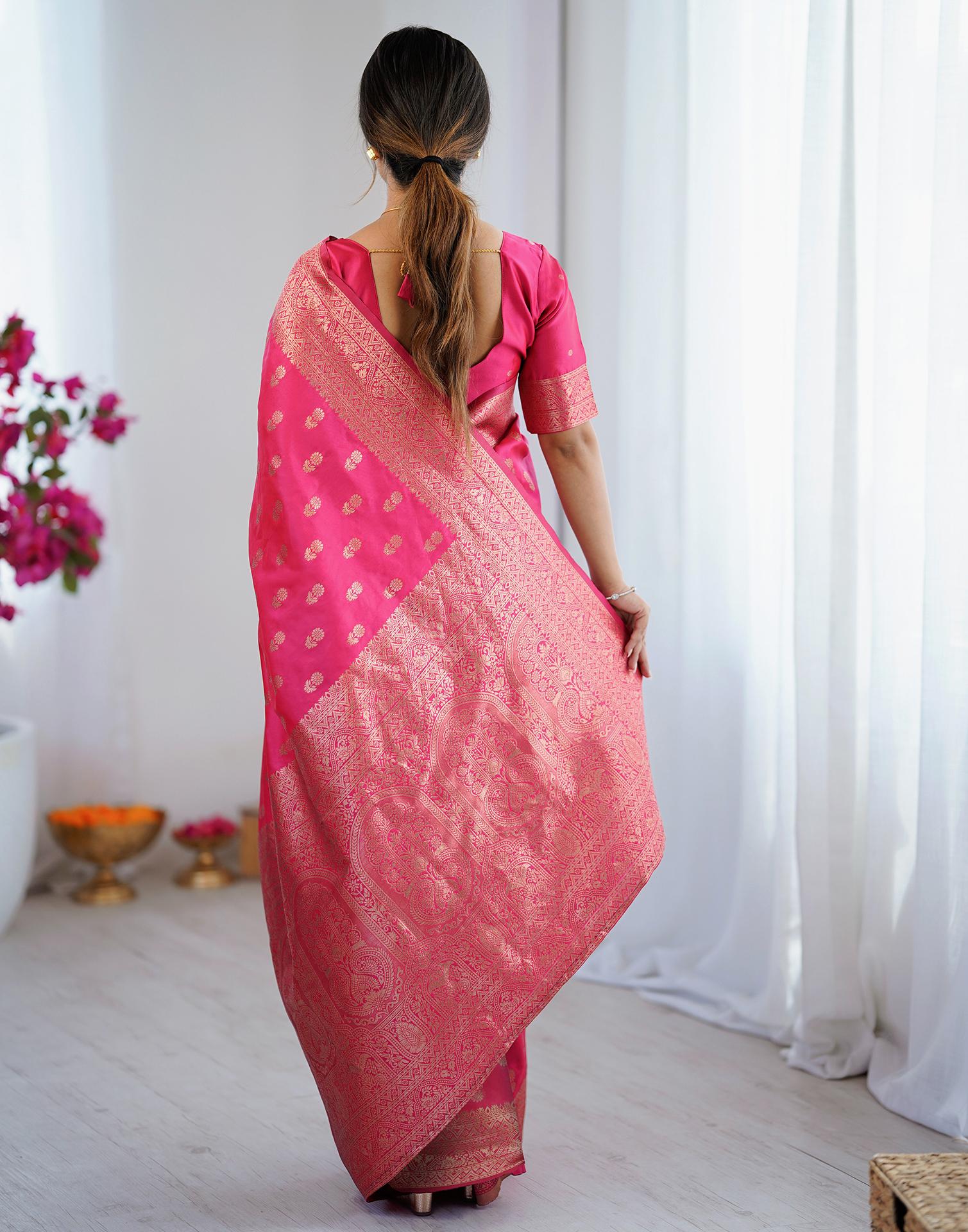 Coral Pink Silk Woven Banarasi Saree