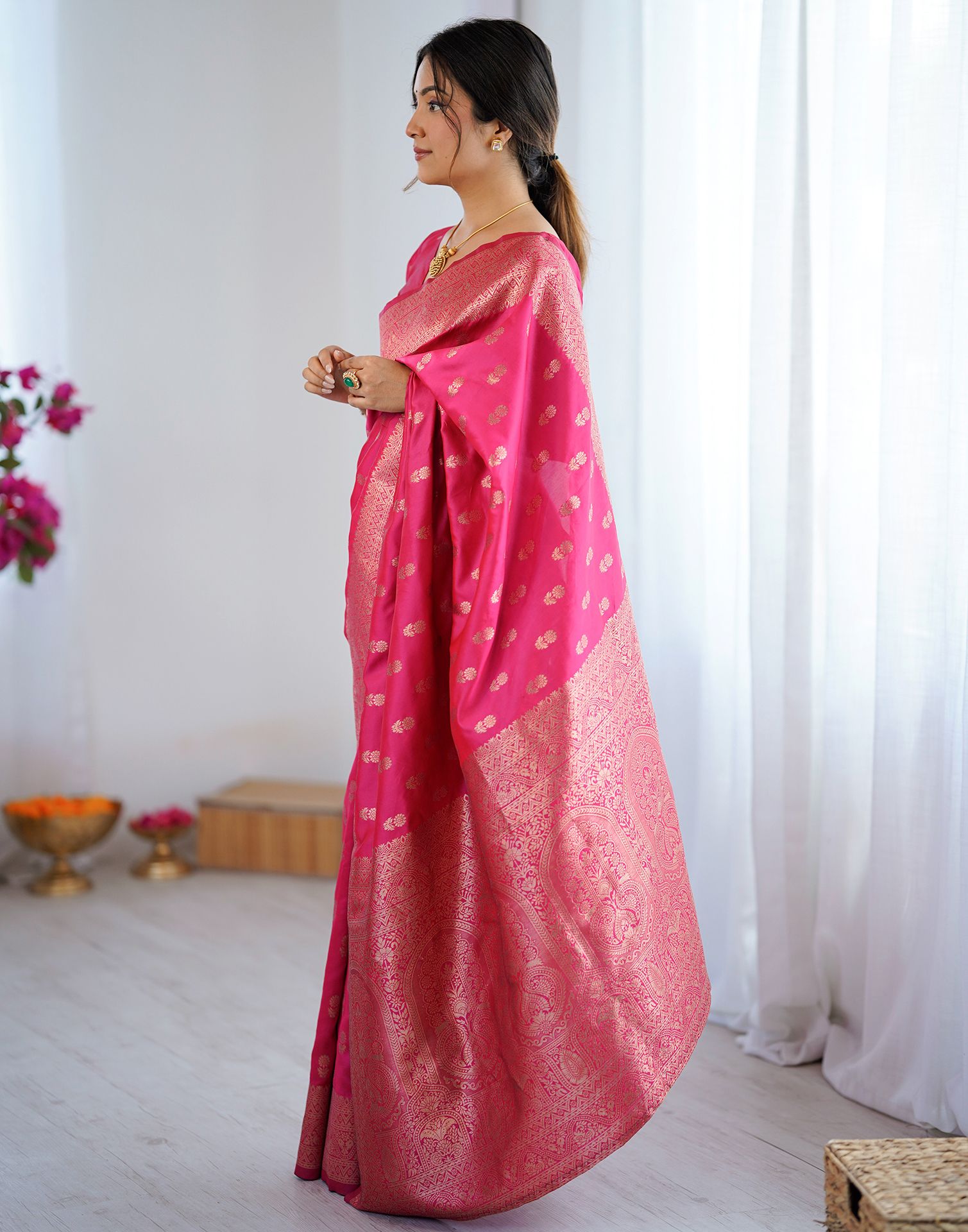 Coral Pink Silk Woven Banarasi Saree