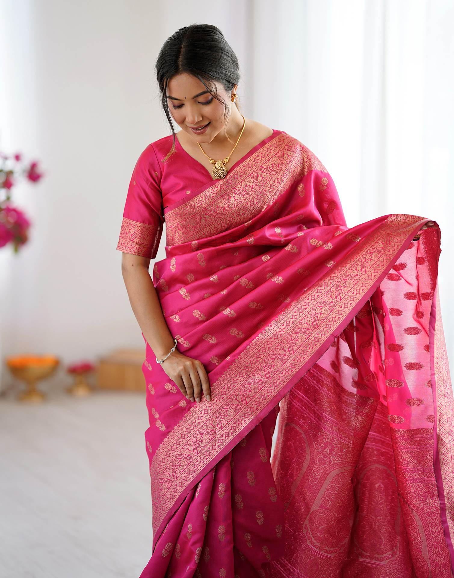 Coral Pink Silk Woven Banarasi Saree