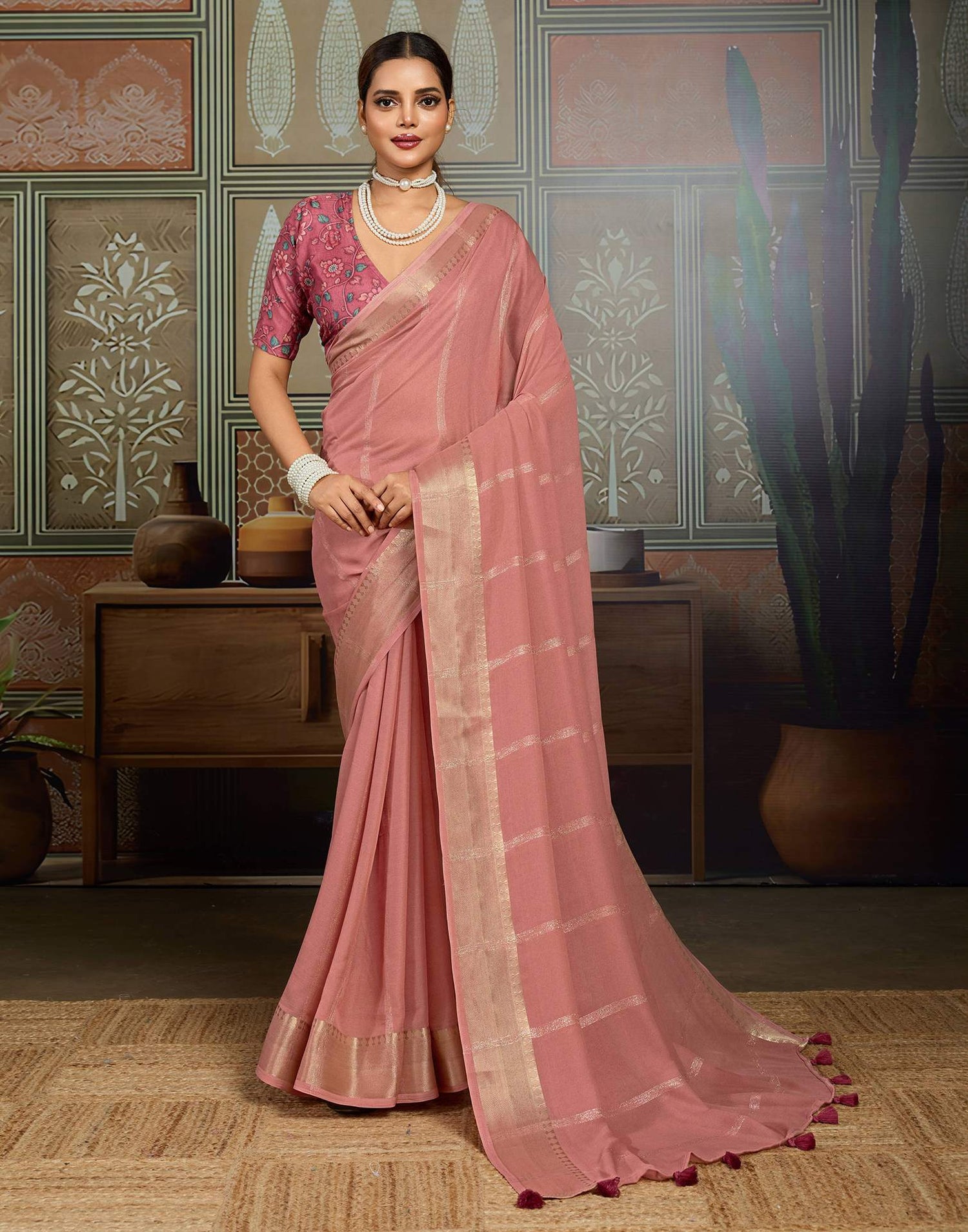 Peach Chiffon Woven Saree