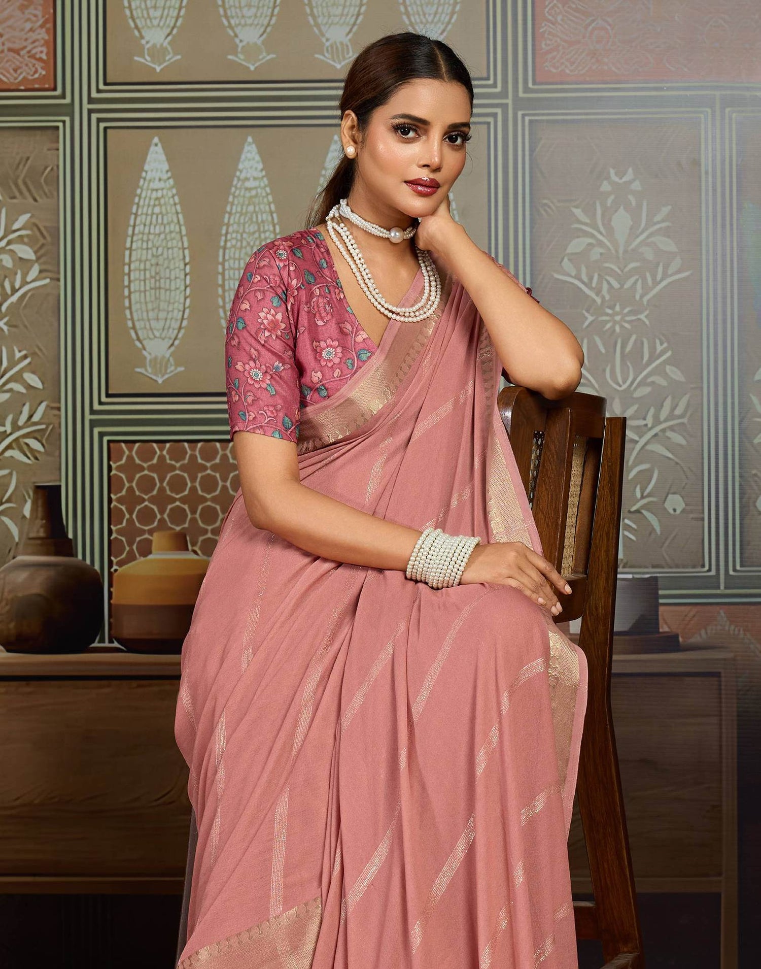 Peach Chiffon Woven Saree