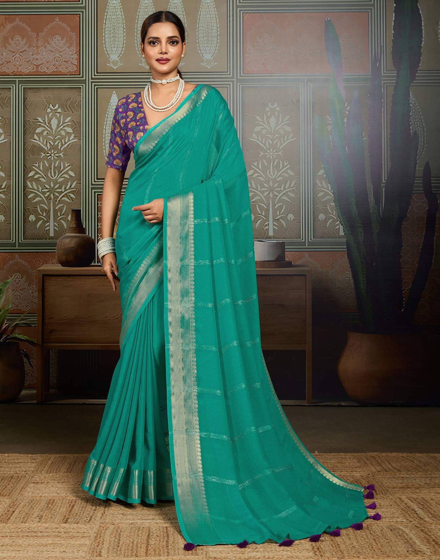 Teal Green Chiffon Woven Saree