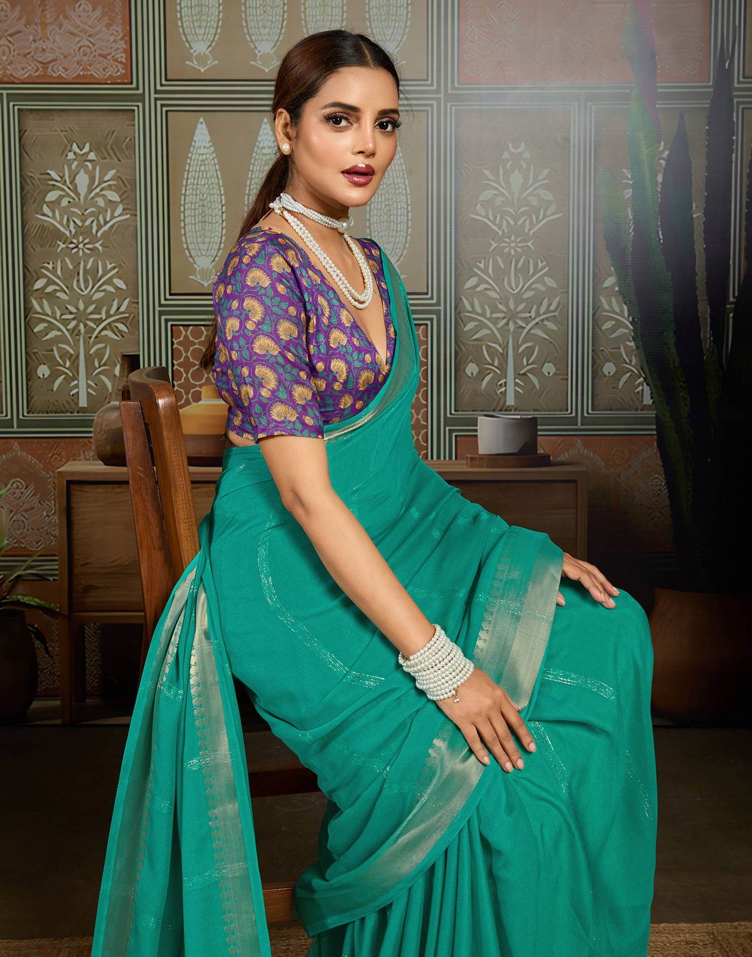 Teal Green Chiffon Woven Saree