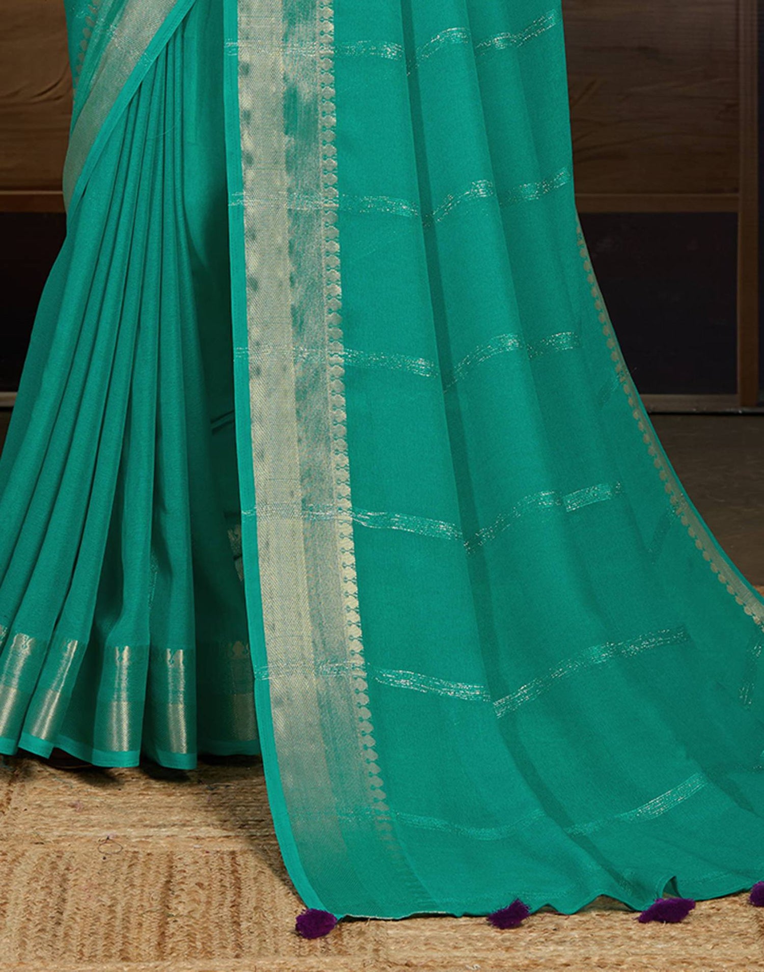 Teal Green Chiffon Woven Saree