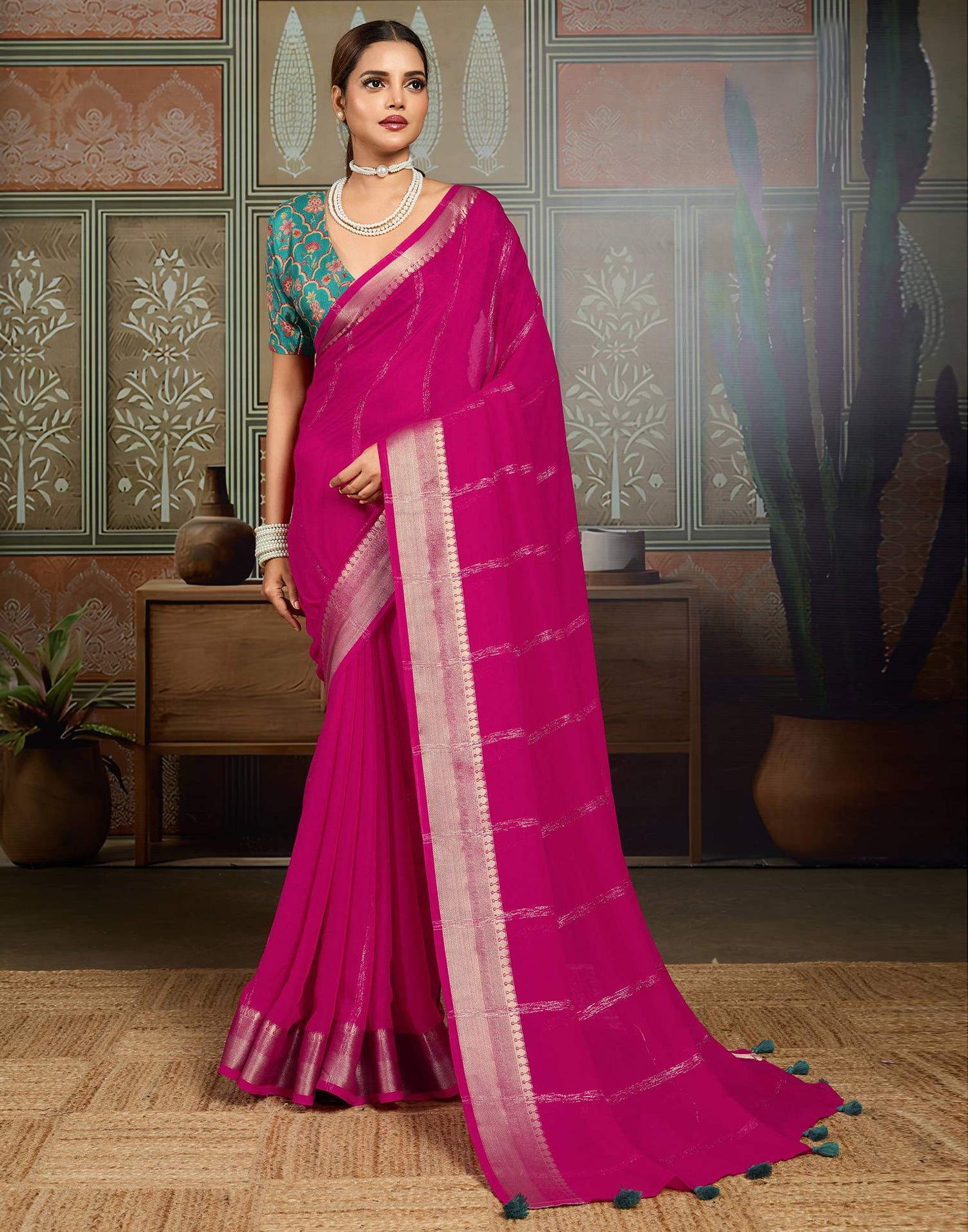 Pink Chiffon Woven Saree