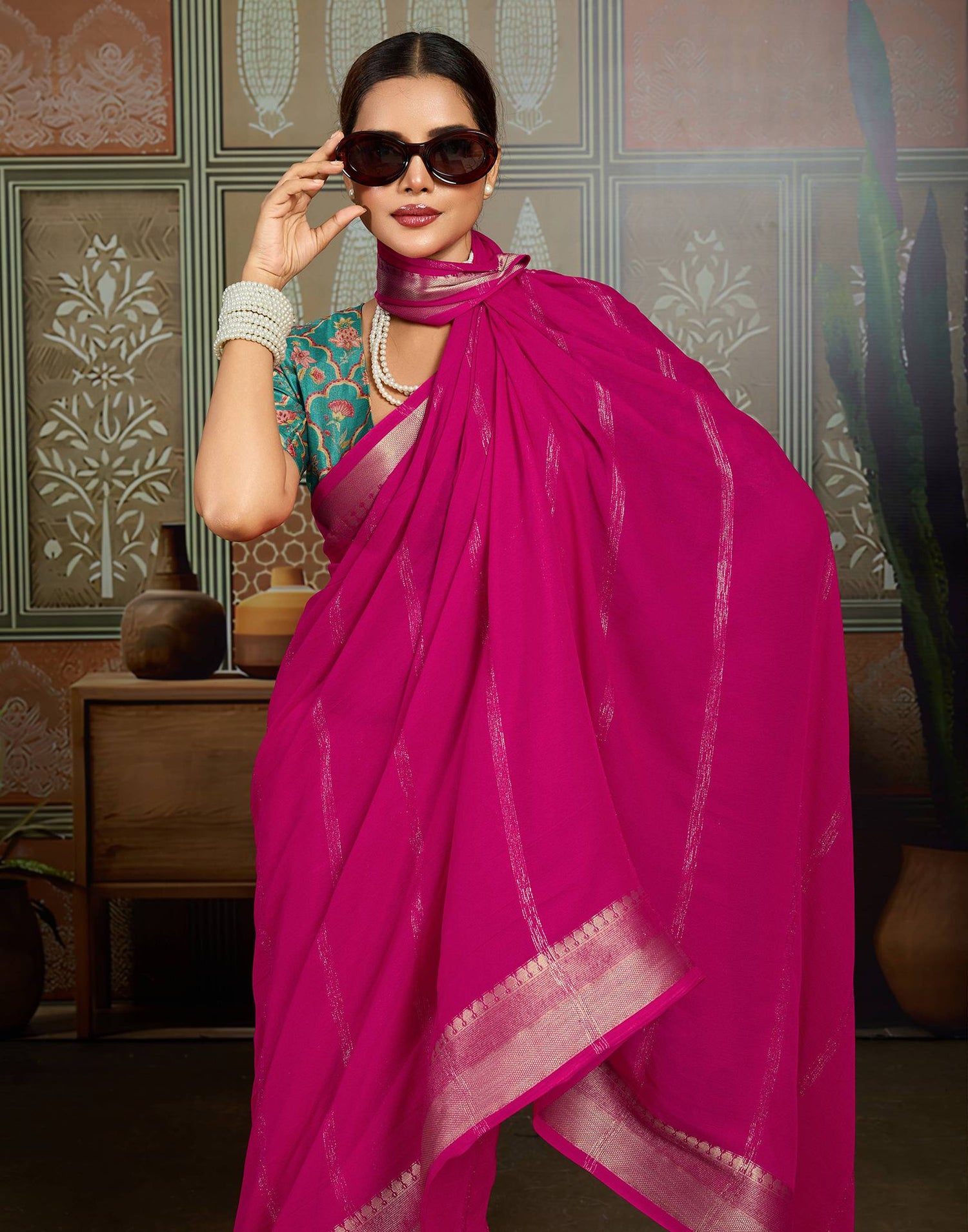 Pink Chiffon Woven Saree