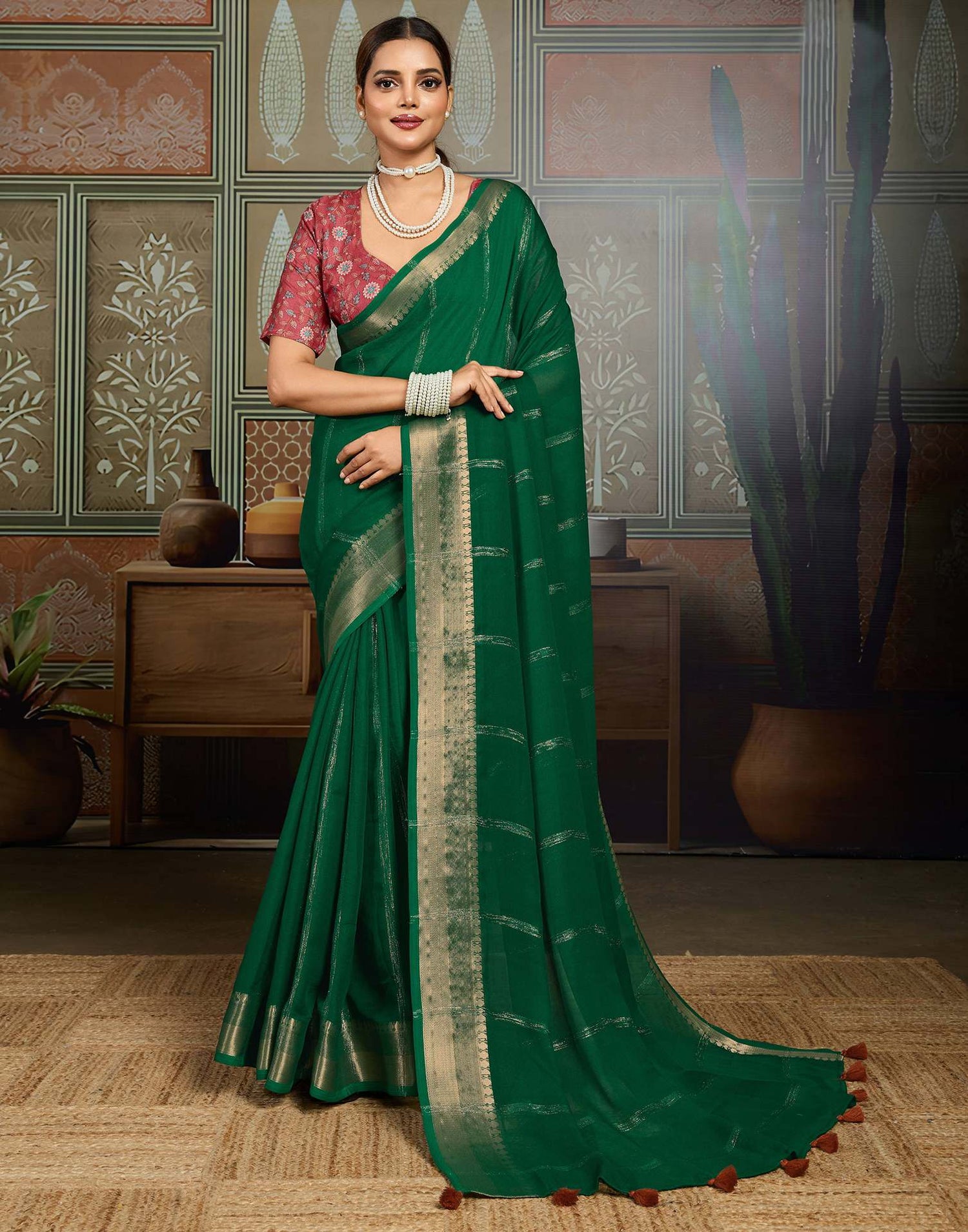 Green Chiffon Woven Saree