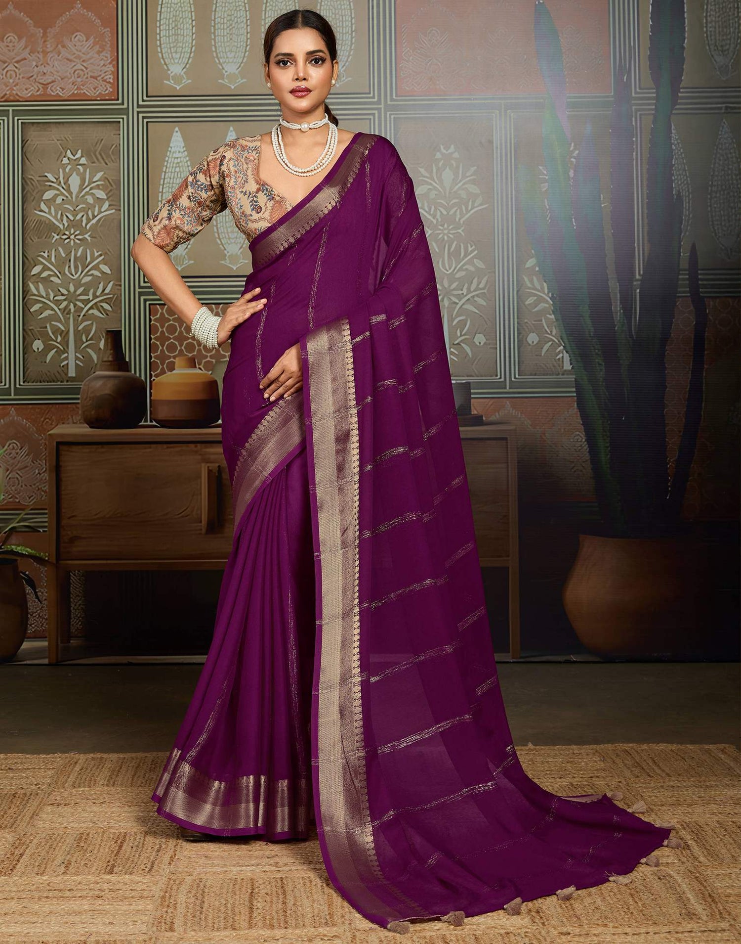 Dark Purple Chiffon Woven Saree