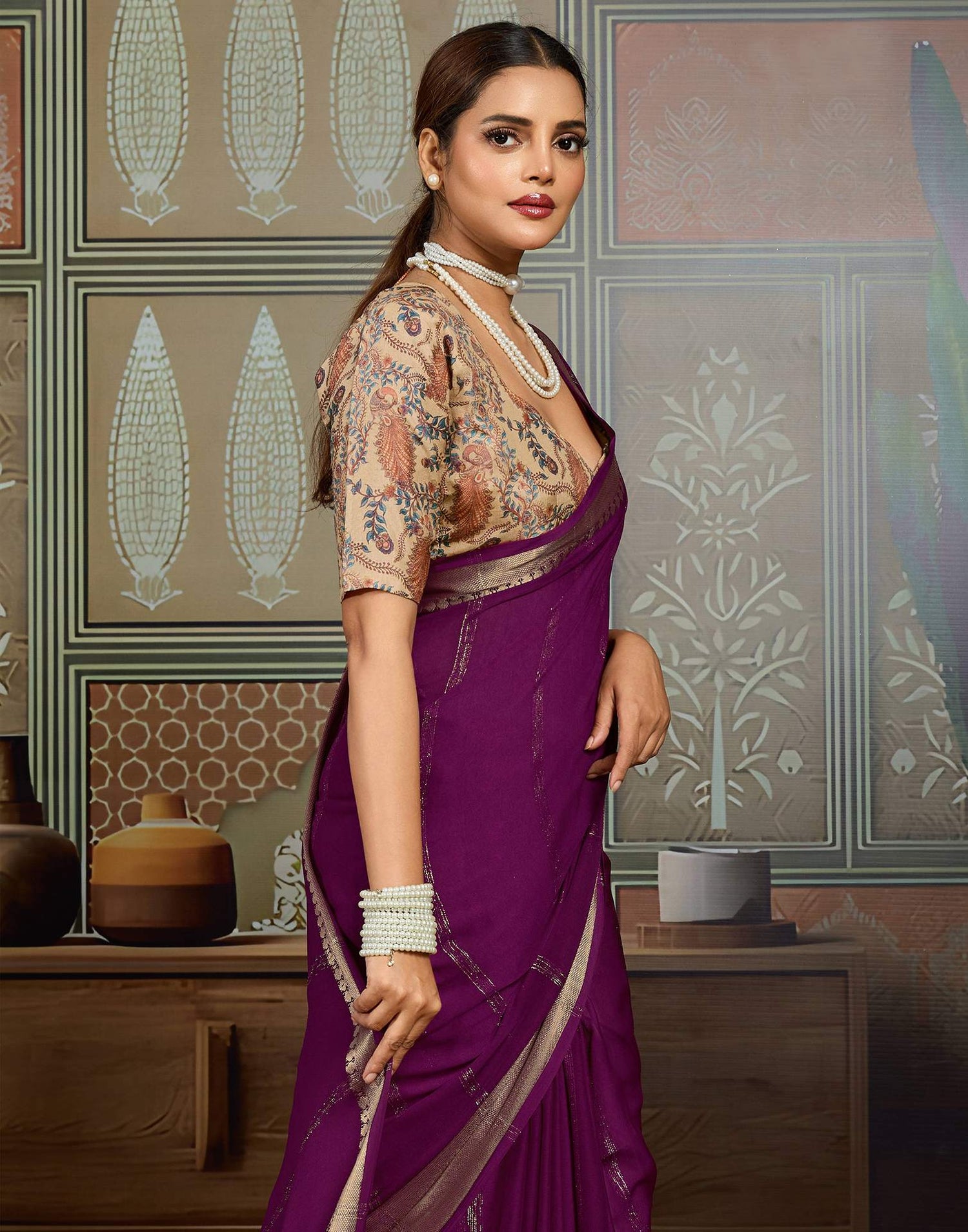 Dark Purple Chiffon Woven Saree