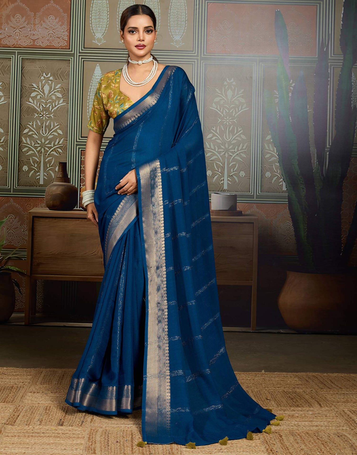 Blue Chiffon Woven Saree