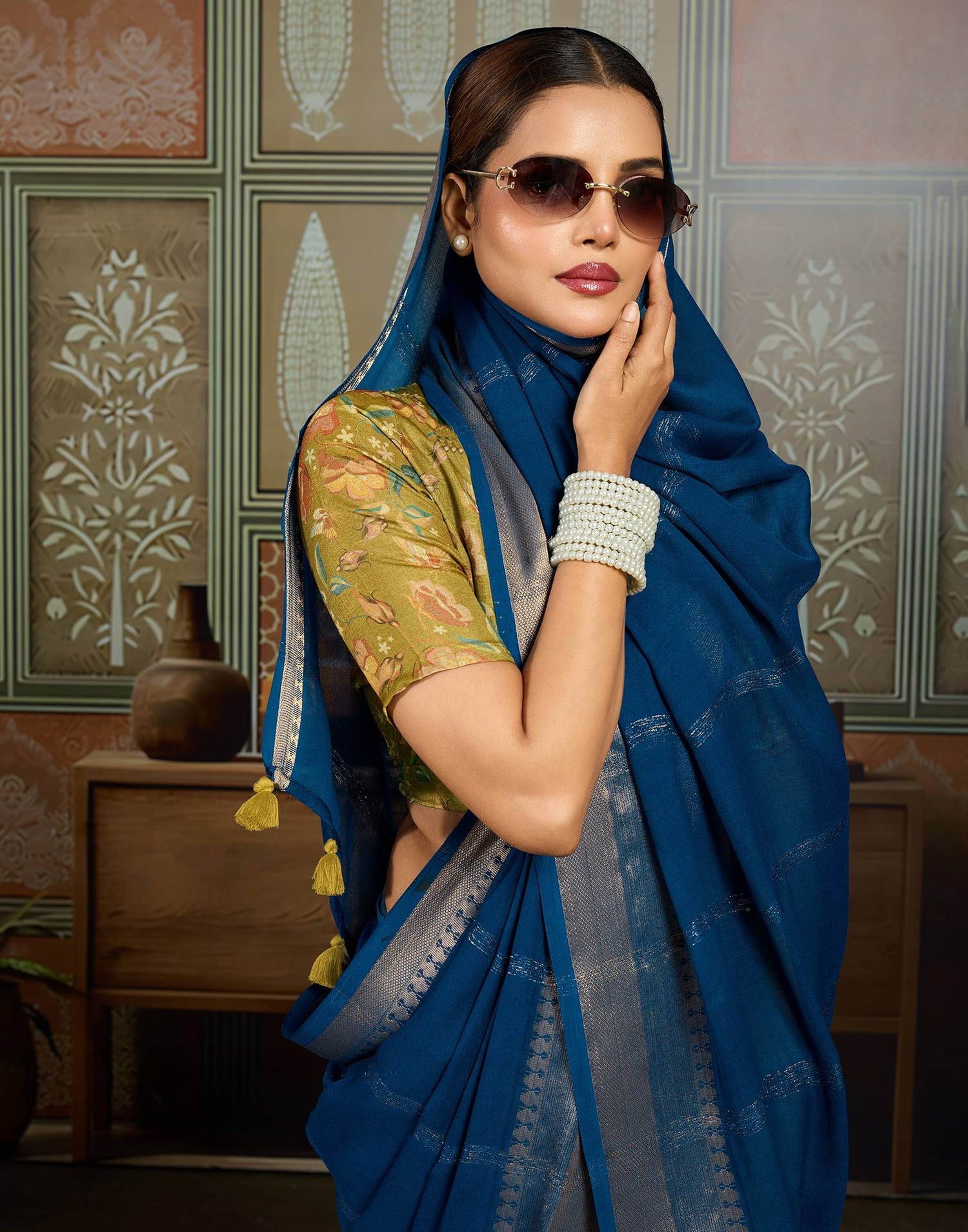 Blue Chiffon Woven Saree