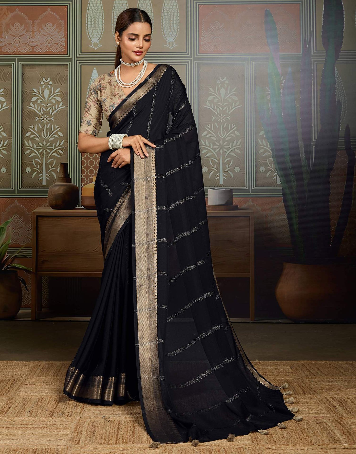 Black Chiffon Woven Saree