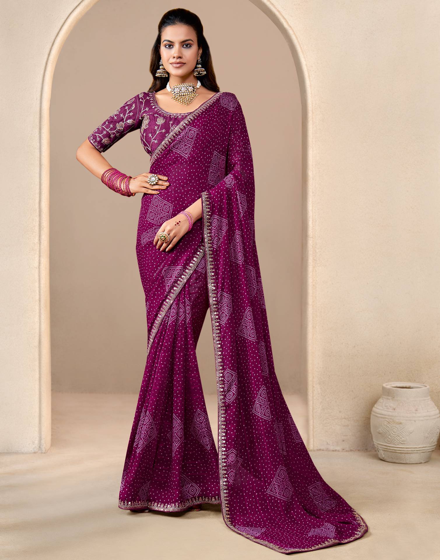 Wine Georgette Printed Bandhani Saree