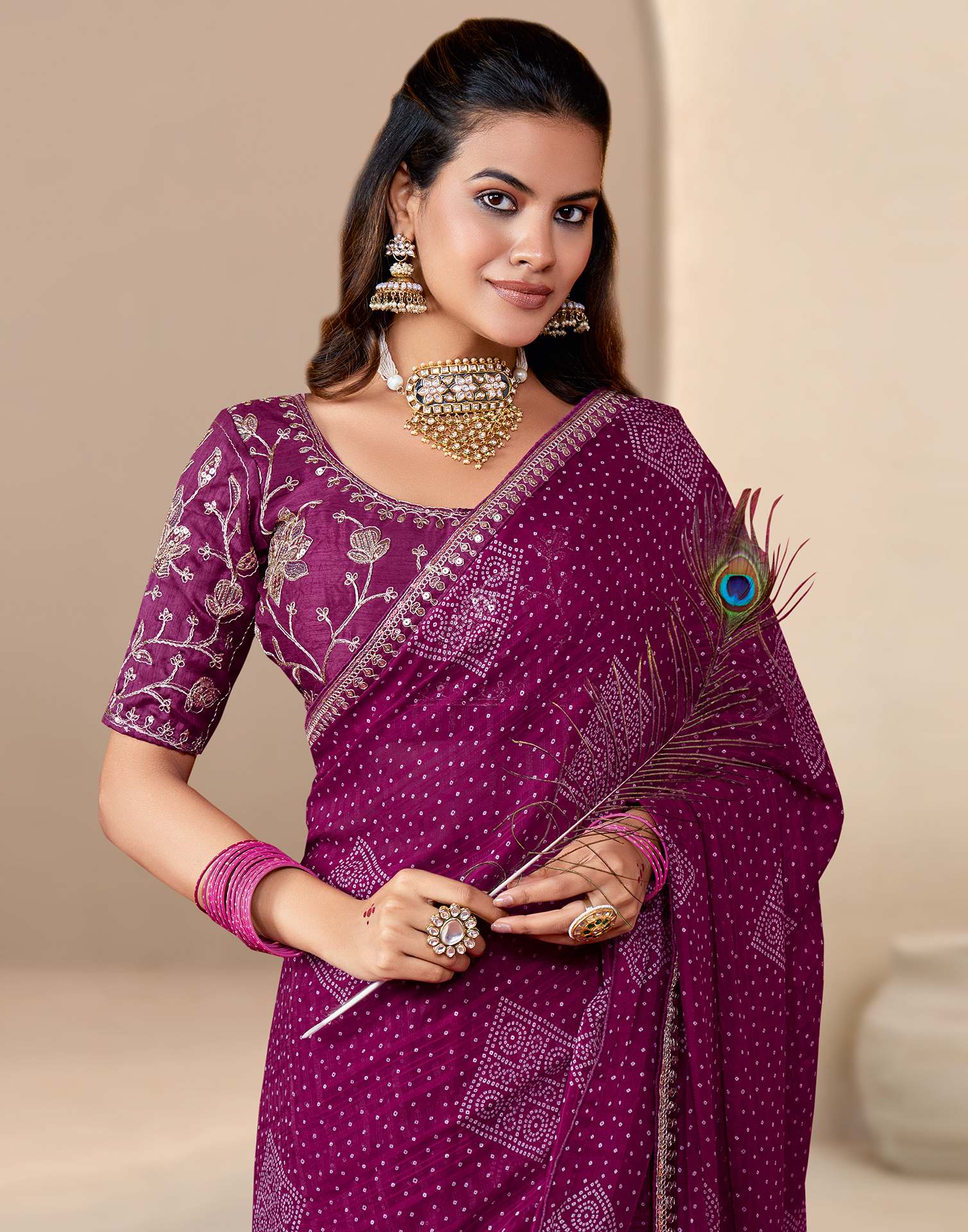 Wine Georgette Printed Bandhani Saree