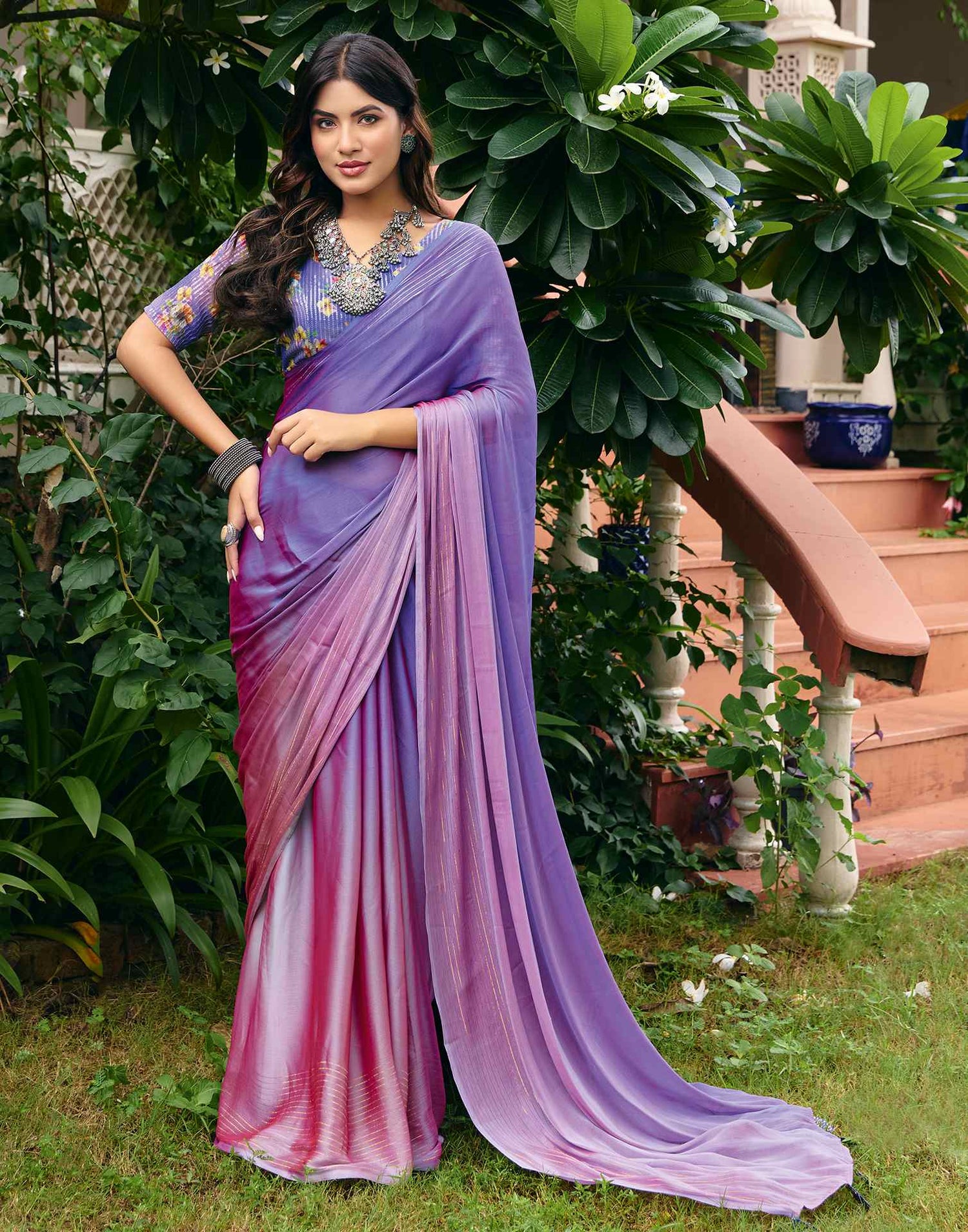 Violet Chiffon Zari Stripe Saree