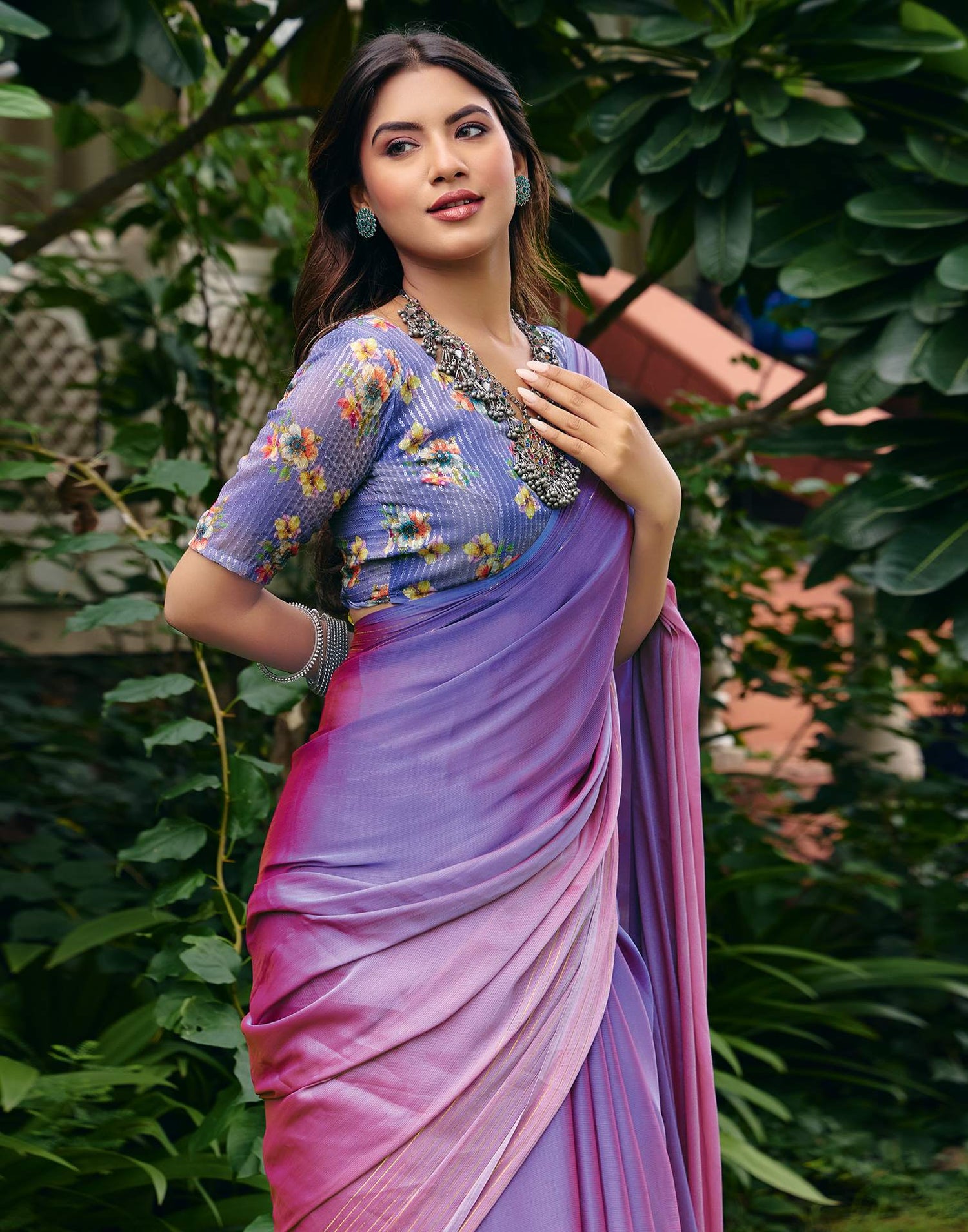Violet Chiffon Zari Stripe Saree