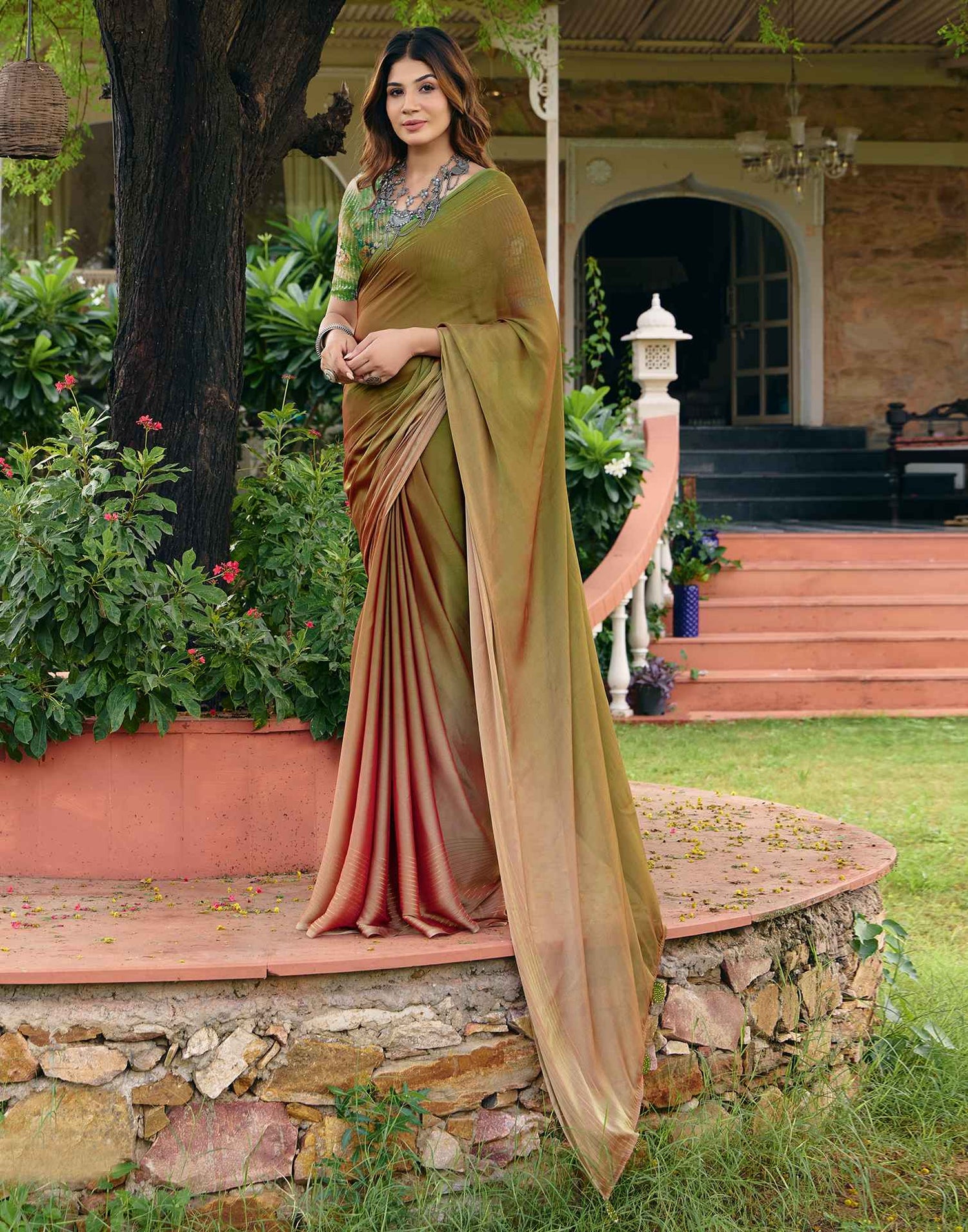 Olive Green Chiffon Zari Stripe Saree
