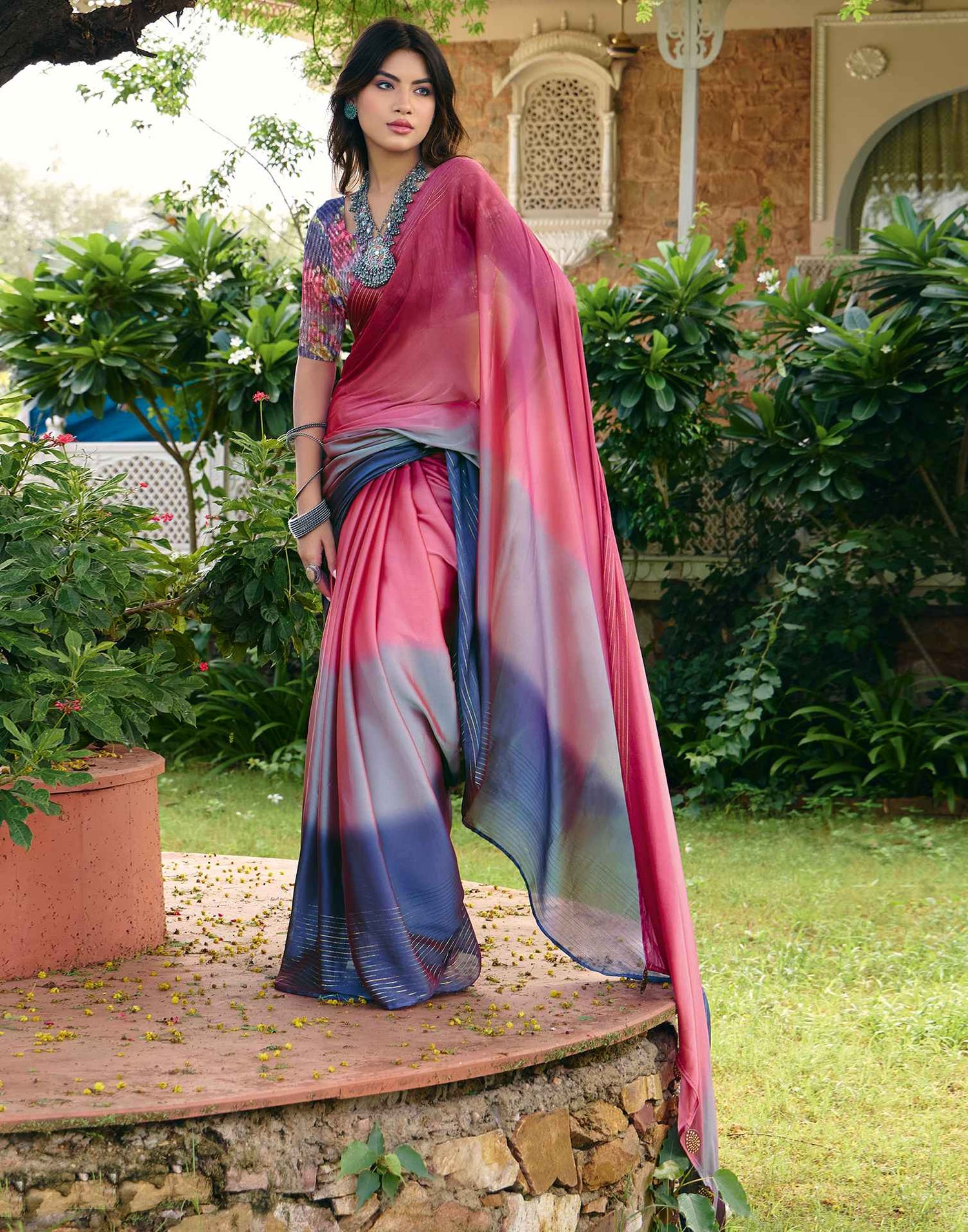 Coral Pink Chiffon Zari Stripe Saree