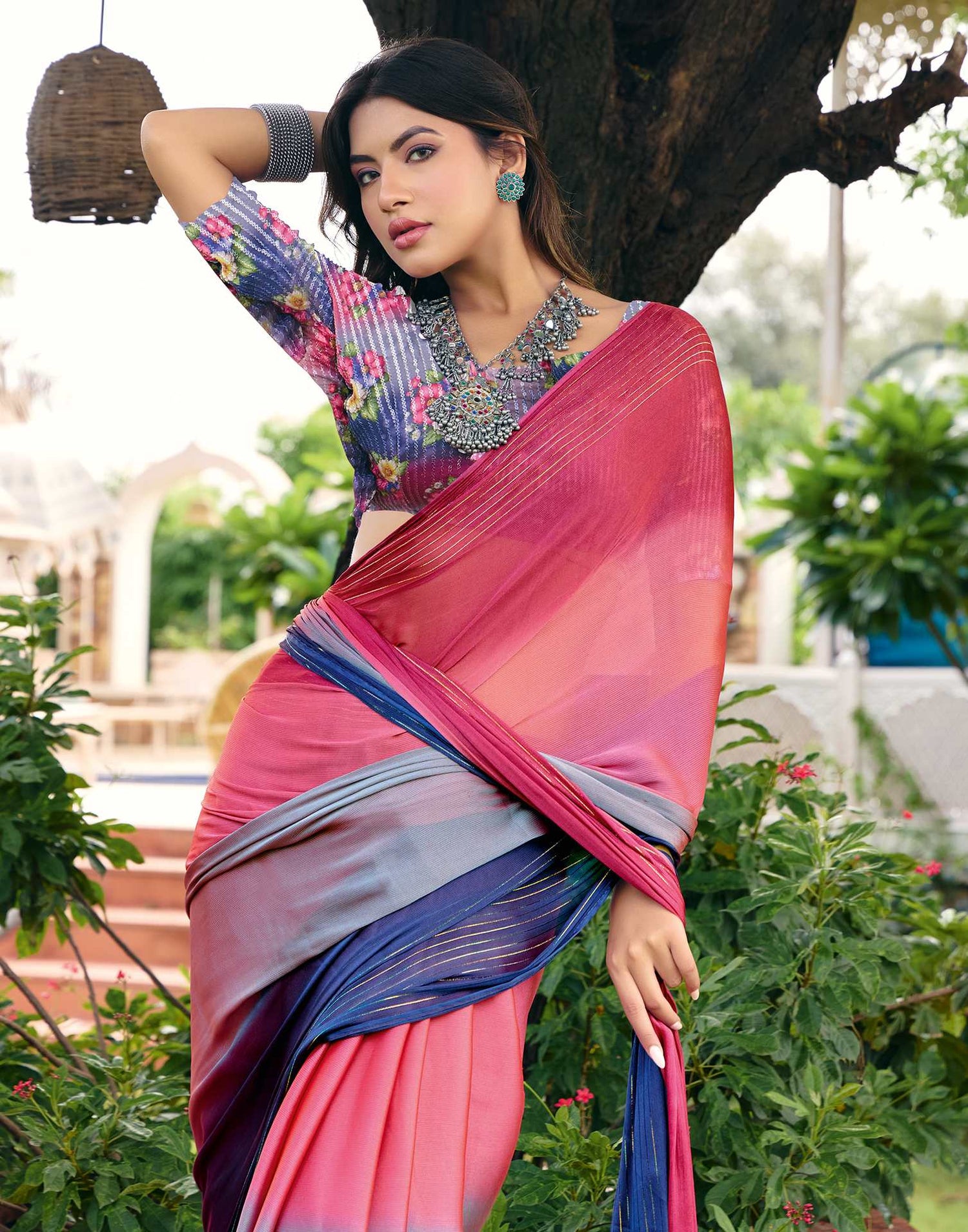 Coral Pink Chiffon Zari Stripe Saree